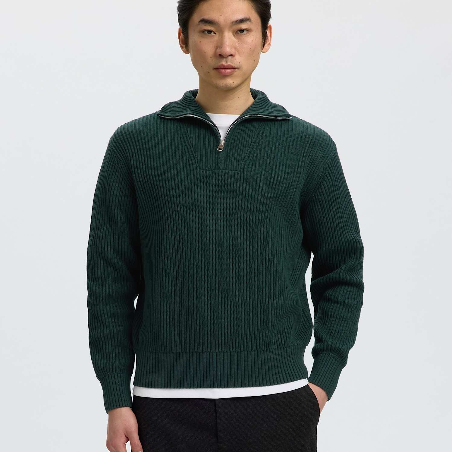Selected Men's Pure Cotton Ribbed Half Zip Jumper - L - Dark Green - Available at M&S