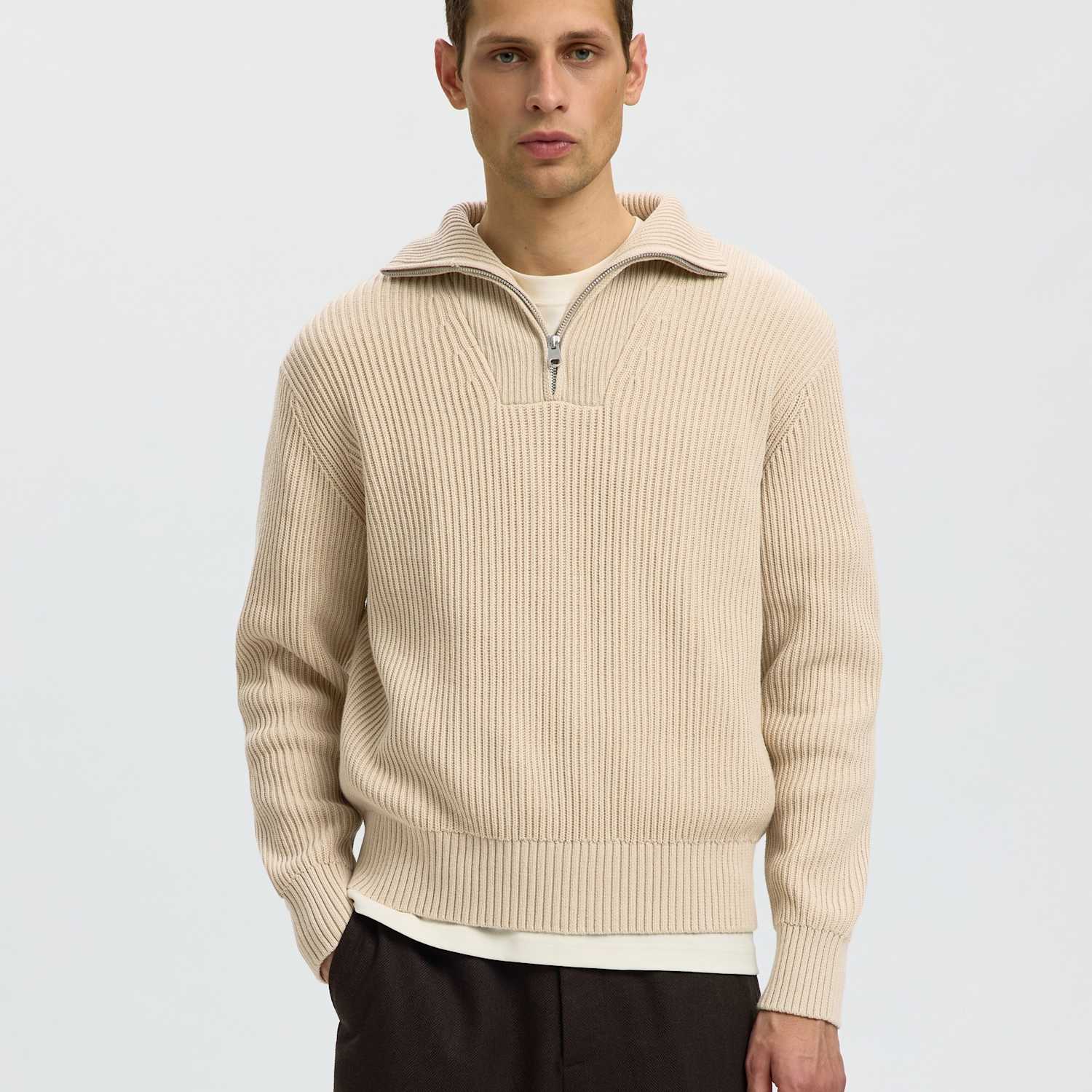 Selected Men's Pure Cotton Ribbed Half Zip Jumper - M - Cream - Available at M&S