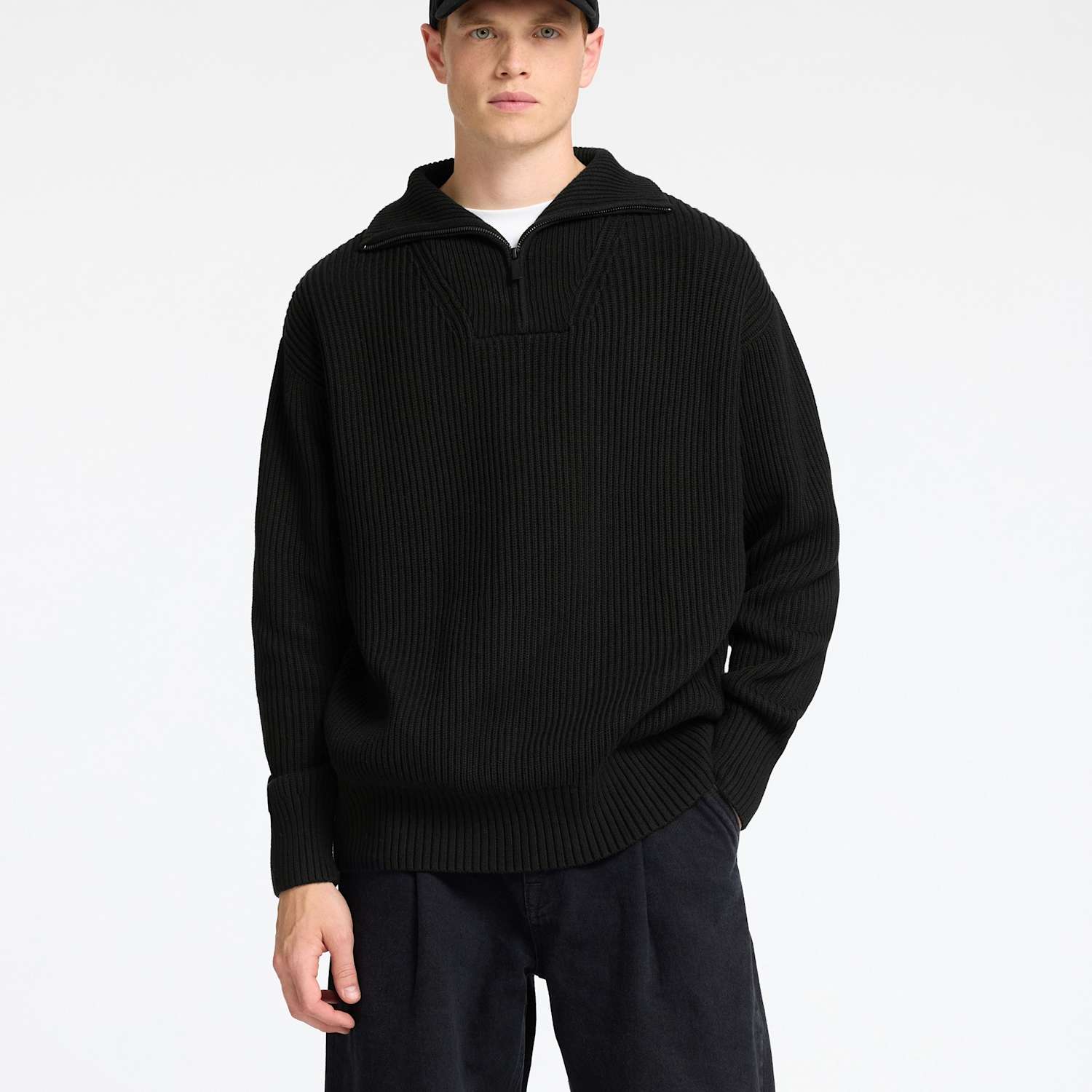 Selected Men's Pure Cotton Ribbed Half Zip Jumper - S - Black - Available at M&S
