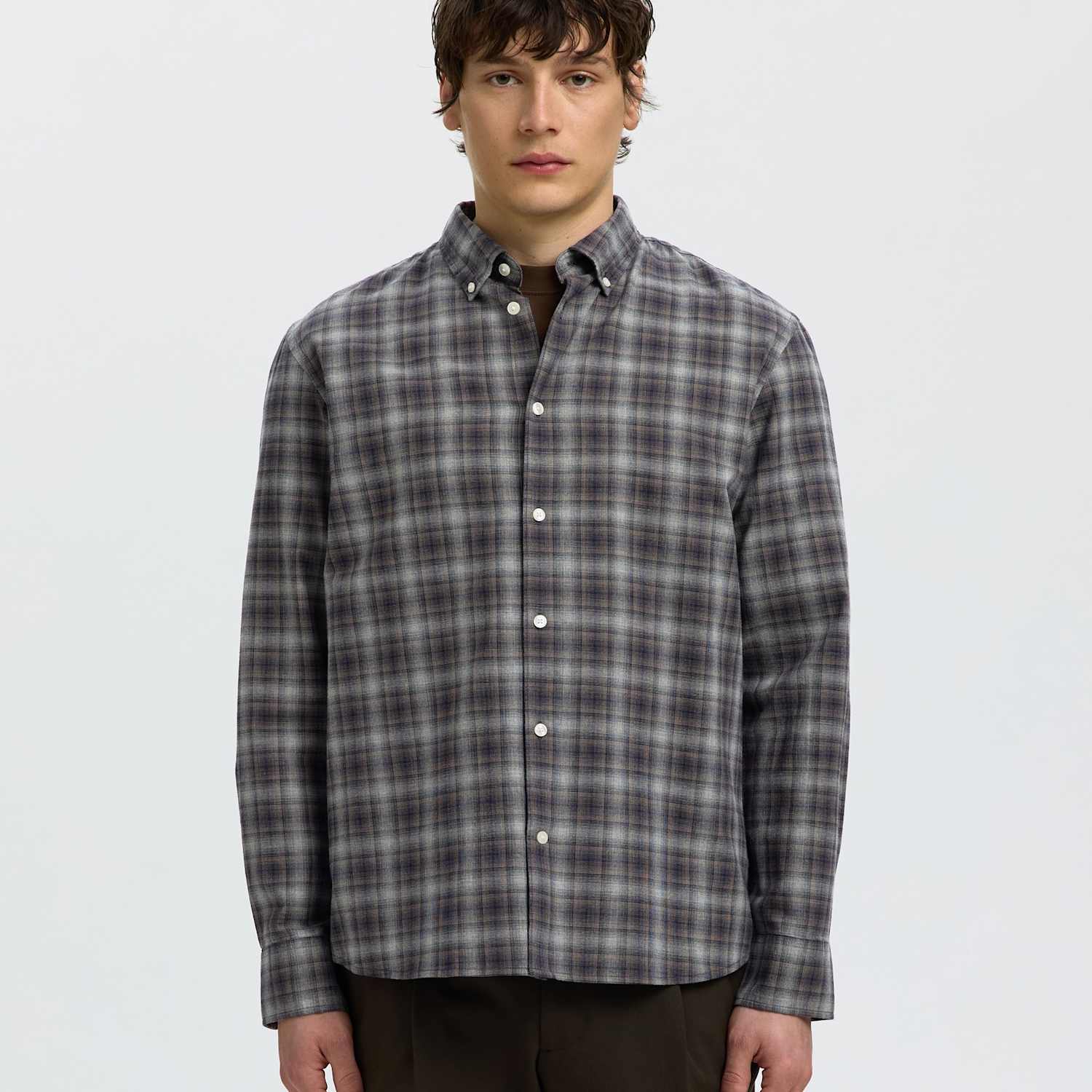 Selected Men's Brushed Cotton Checked Shirt - L - Navy Mix - Available at M&S