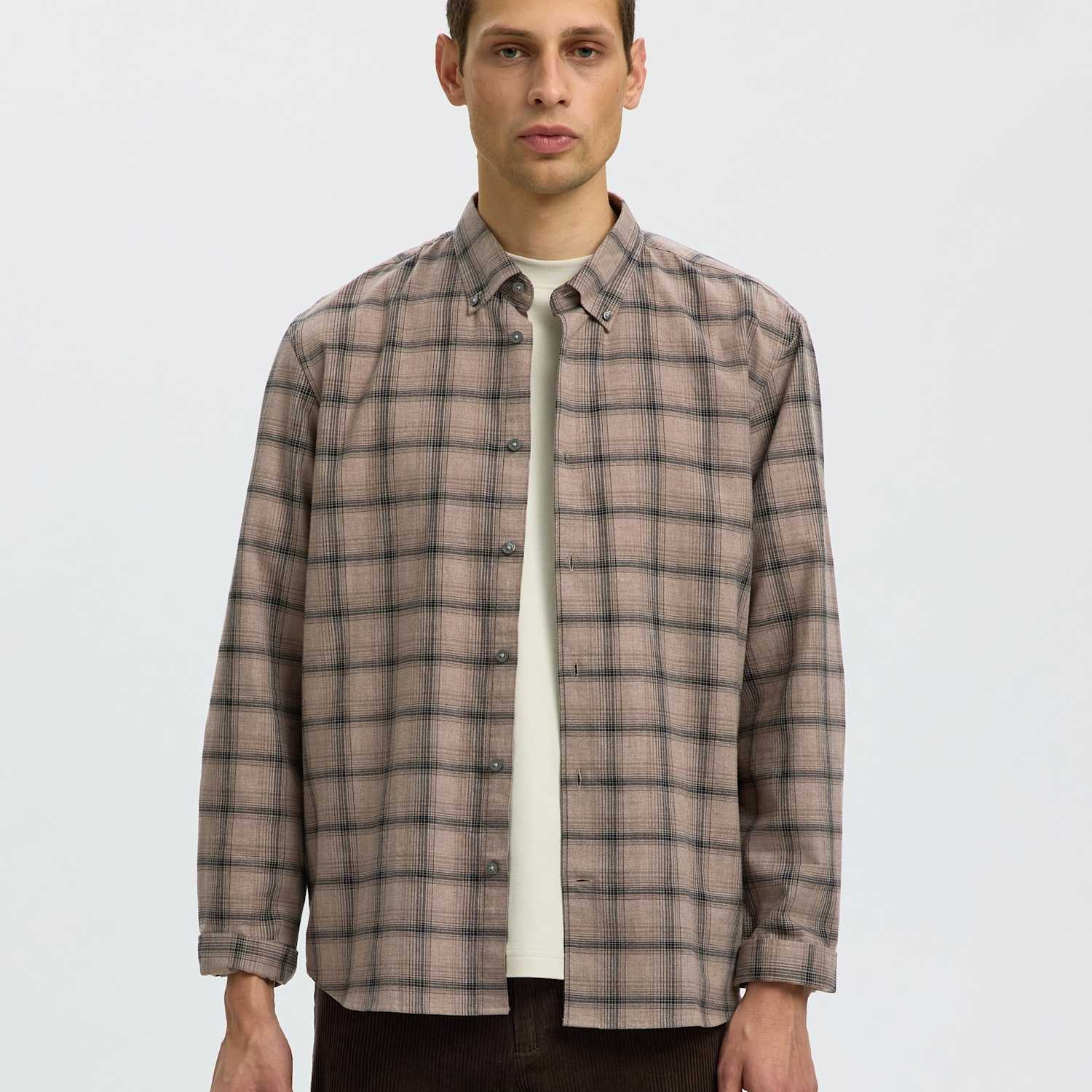Selected Men's Brushed Cotton Checked Shirt - L - Beige Mix - Available at M&S