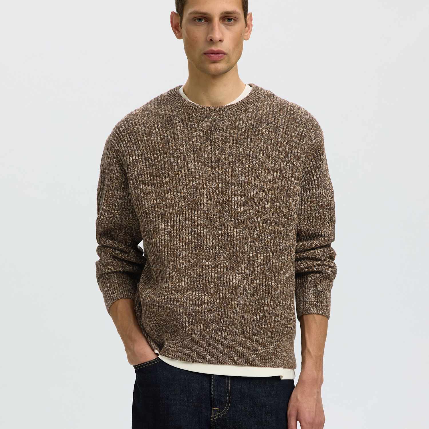 Selected Men's Pure Cotton Textured Chunky Jumper - M - Dark Brown - Available at M&S