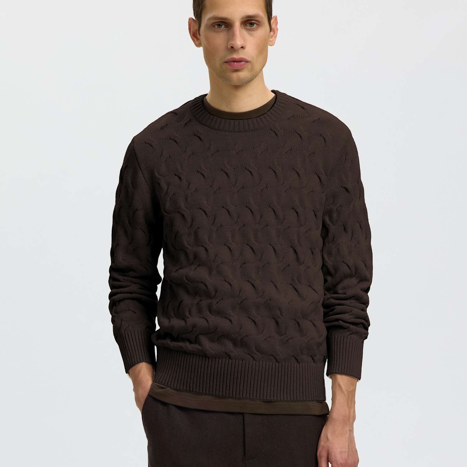Selected Men's Pure Cotton Cable Crew Neck Jumper - 2XL - Dark Brown - Available at M&S