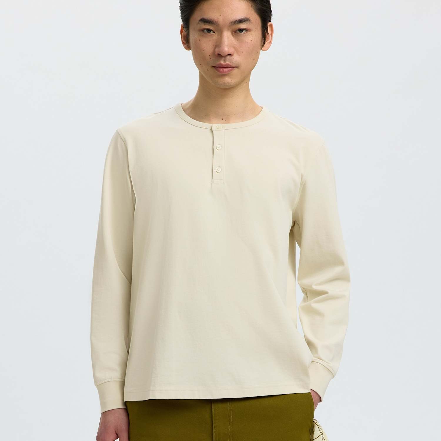 Selected Men's Pure Cotton Jersey Henley Long Sleeve T-Shirt - L - Light Cream - Available at M&S