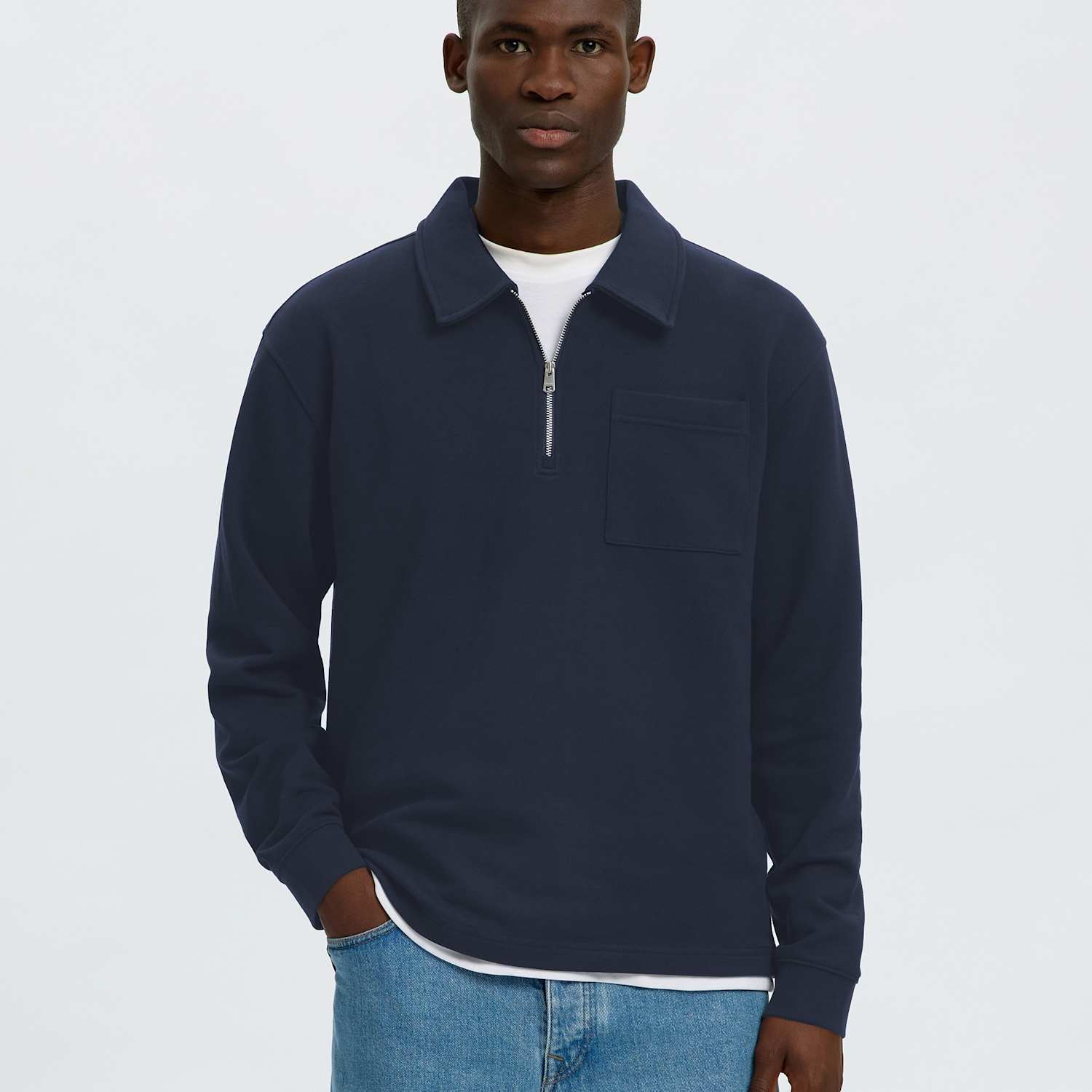 Selected Men's Pure Cotton Half Zip Sweatshirt - S - Dark Blue - Available at M&S