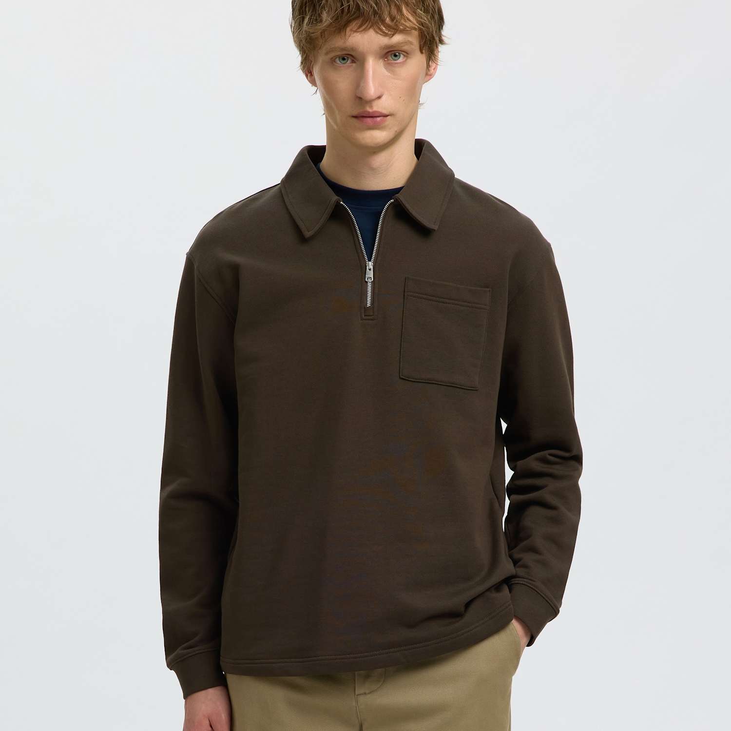 Selected Men's Pure Cotton Half Zip Sweatshirt - L - Dark Brown - Available at M&S