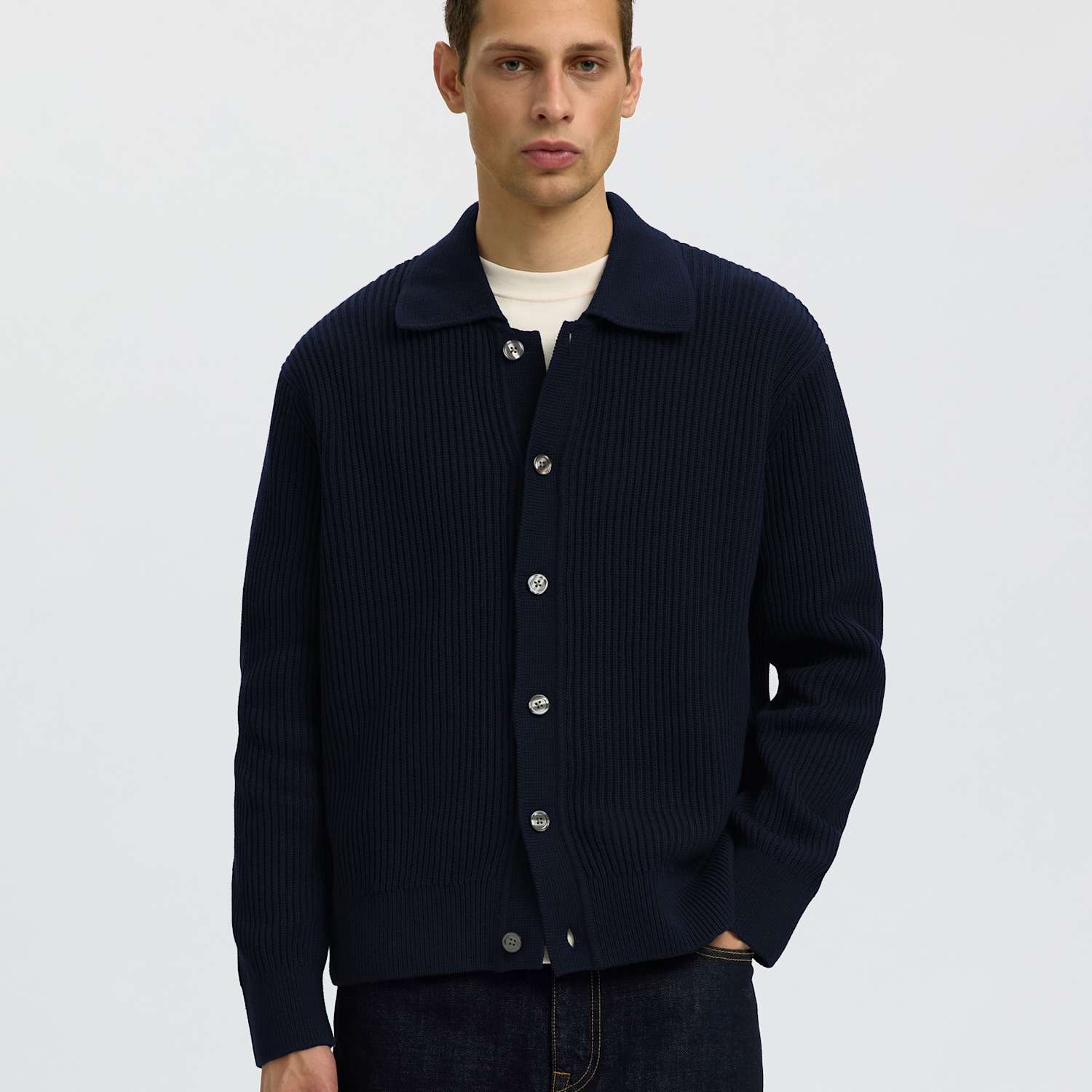 Selected Men's Pure Cotton Rib-Knit Polo Cardigan - L - Dark Blue - Available at M&S