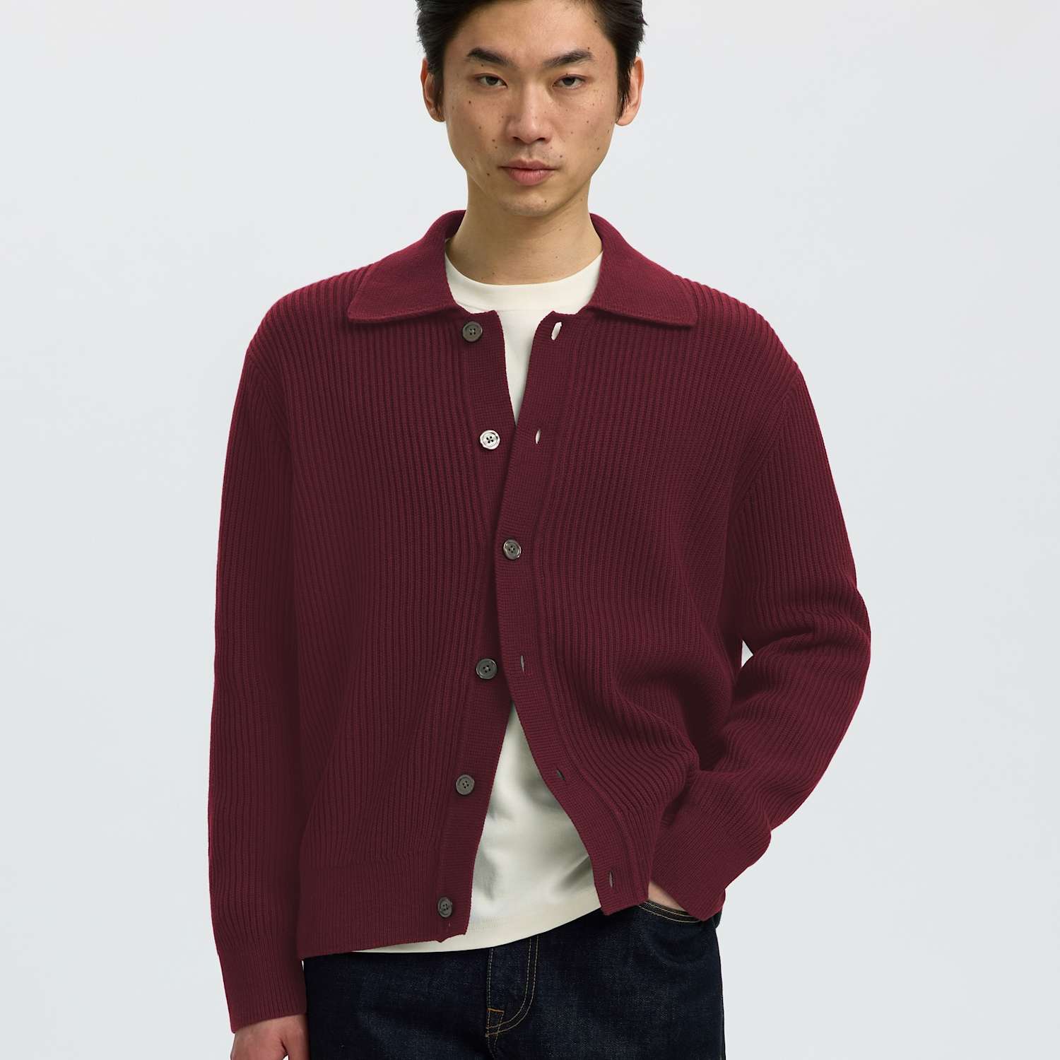 Selected Men's Pure Cotton Rib-Knit Polo Cardigan - 2XL - Burgundy - Available at M&S