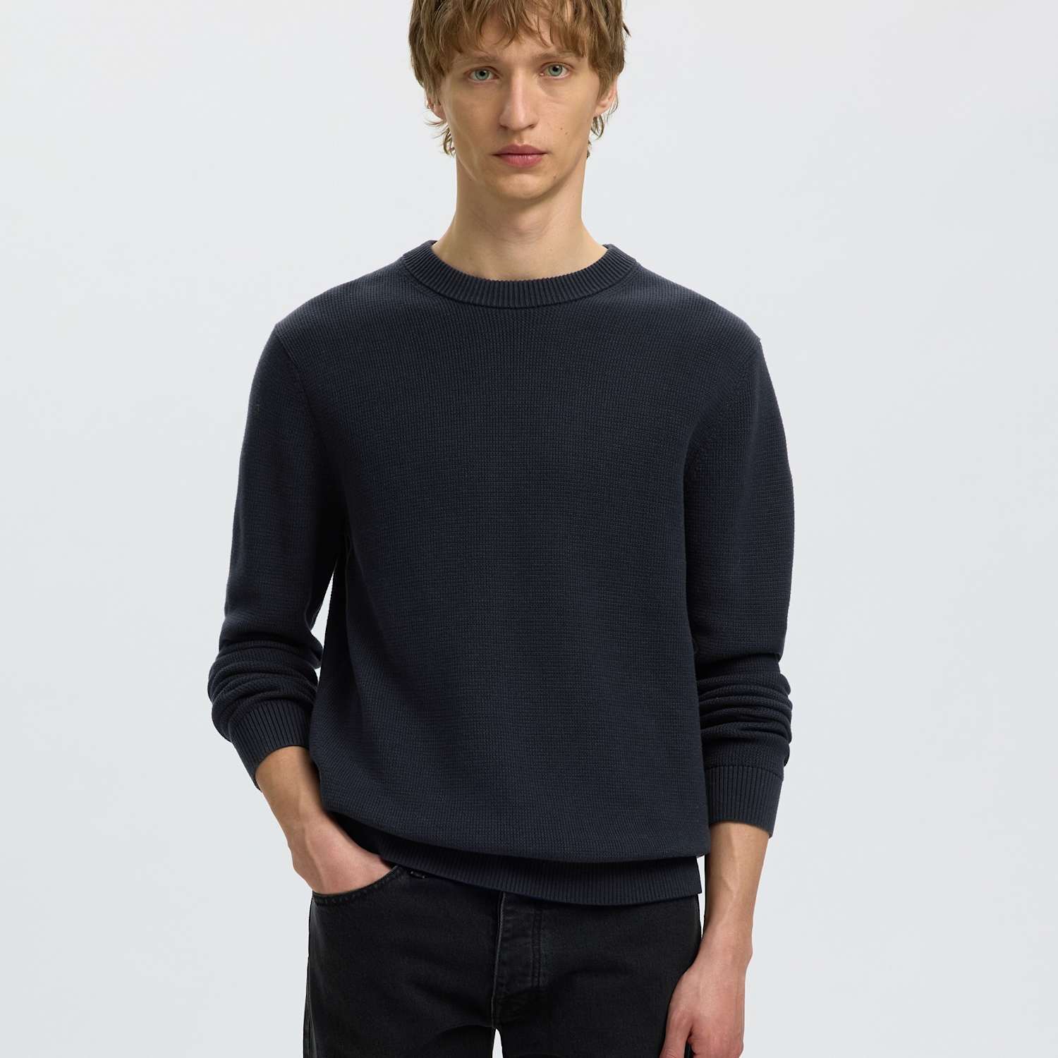 Selected Men's Pure Cotton Textured Crew Neck Jumper - L - Navy - Available at M&S