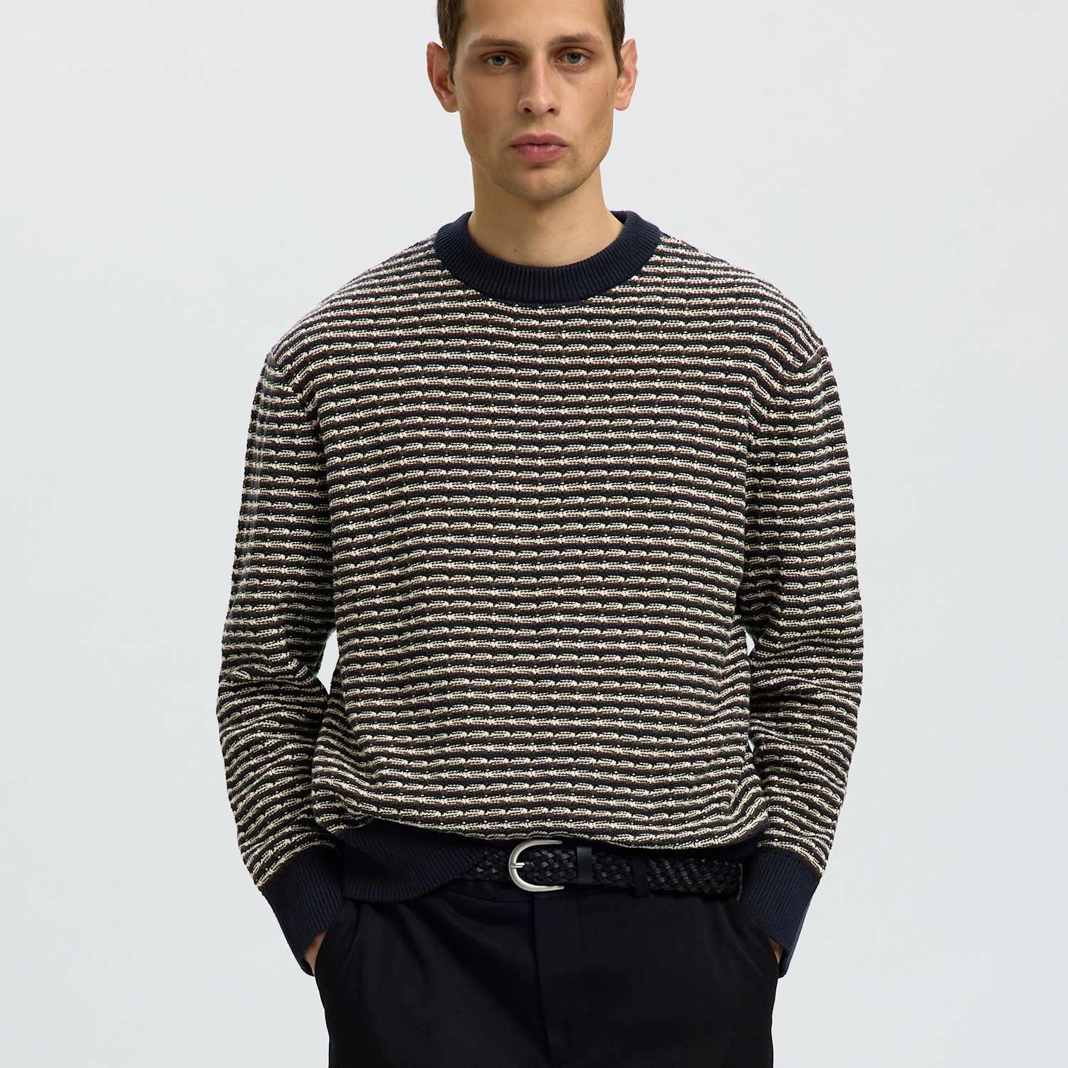 Selected Men's Pure Cotton Striped Structured Crew Neck Jumper - M - Navy Mix - Available at M&S