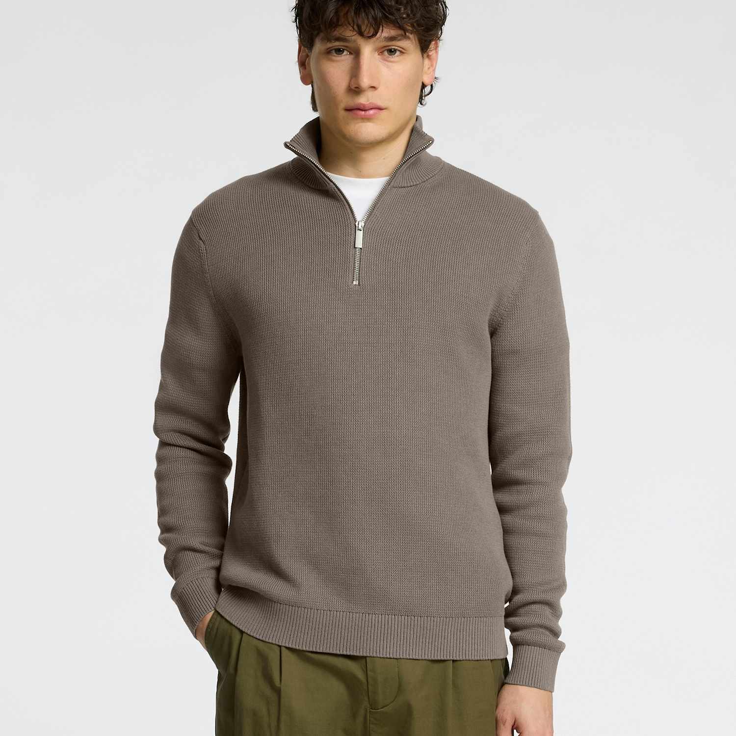 Selected Men's Pure Cotton Textured Half Zip Jumper - L - Taupe - Available at M&S