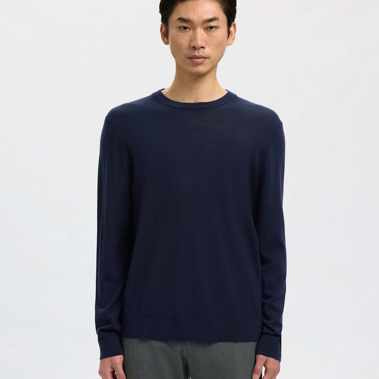 Selected Men's Pure Merino Crew Neck Jumper - L - Navy - Available at M&S