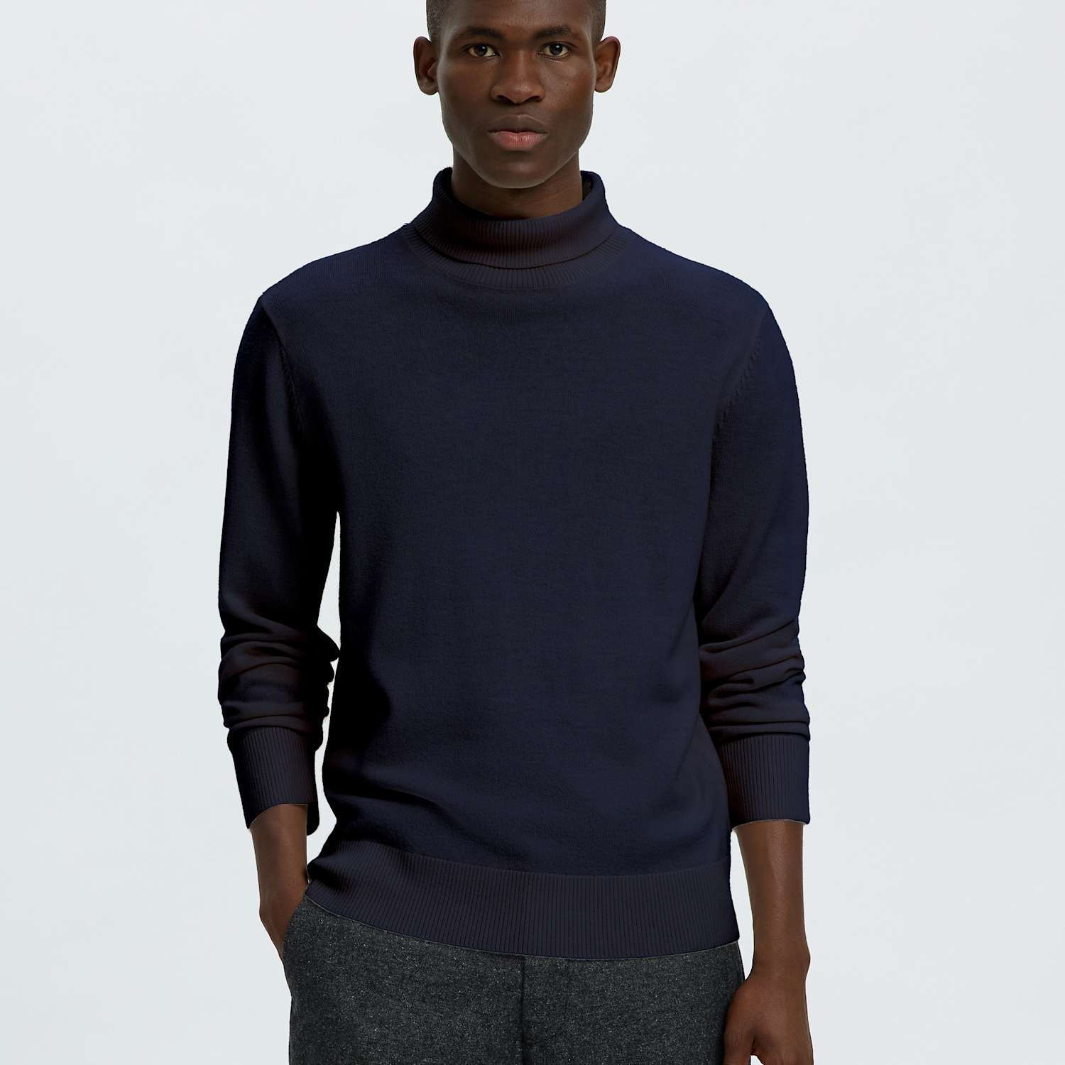 Selected Men's Pure Merino Wool Roll Neck Jumper - L - Dark Navy - Available at M&S