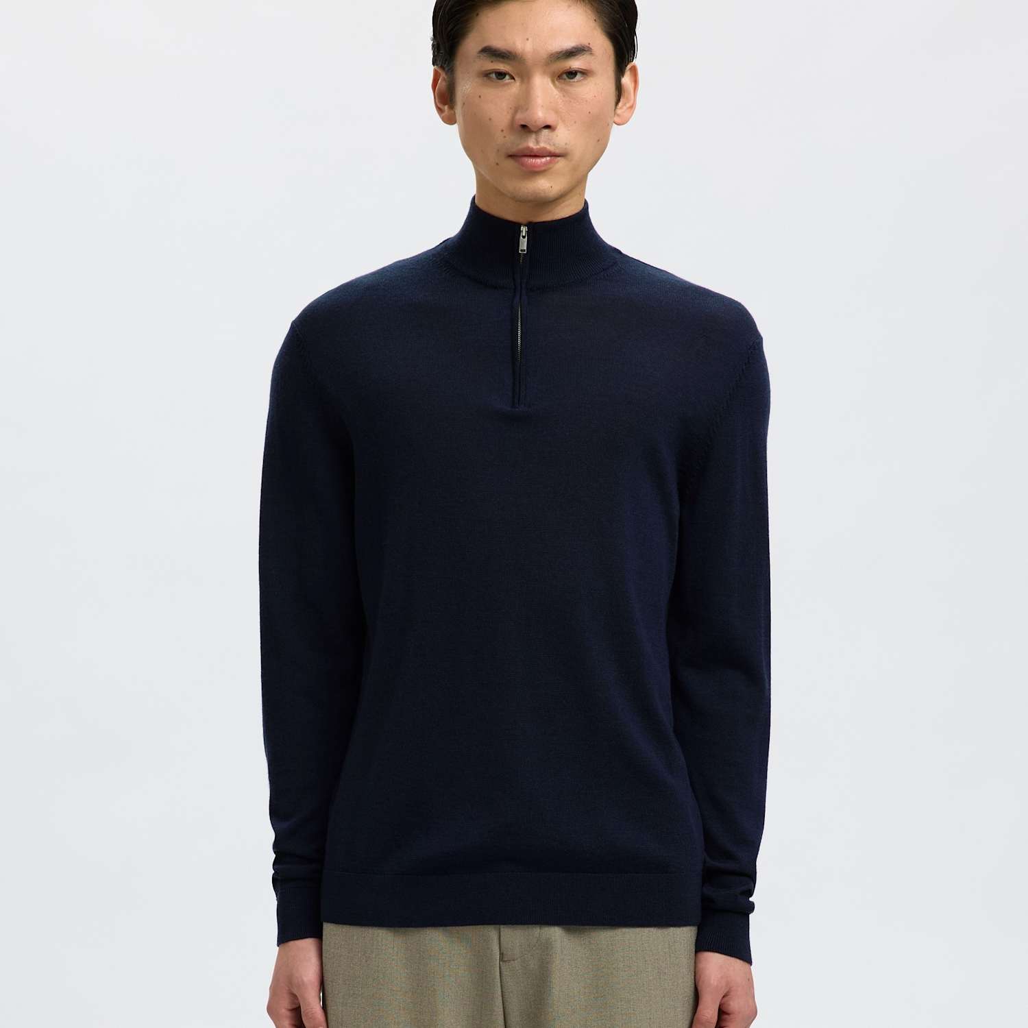 Selected Men's Pure Merino Wool Half Zip Jumper - M - Navy - Available at M&S
