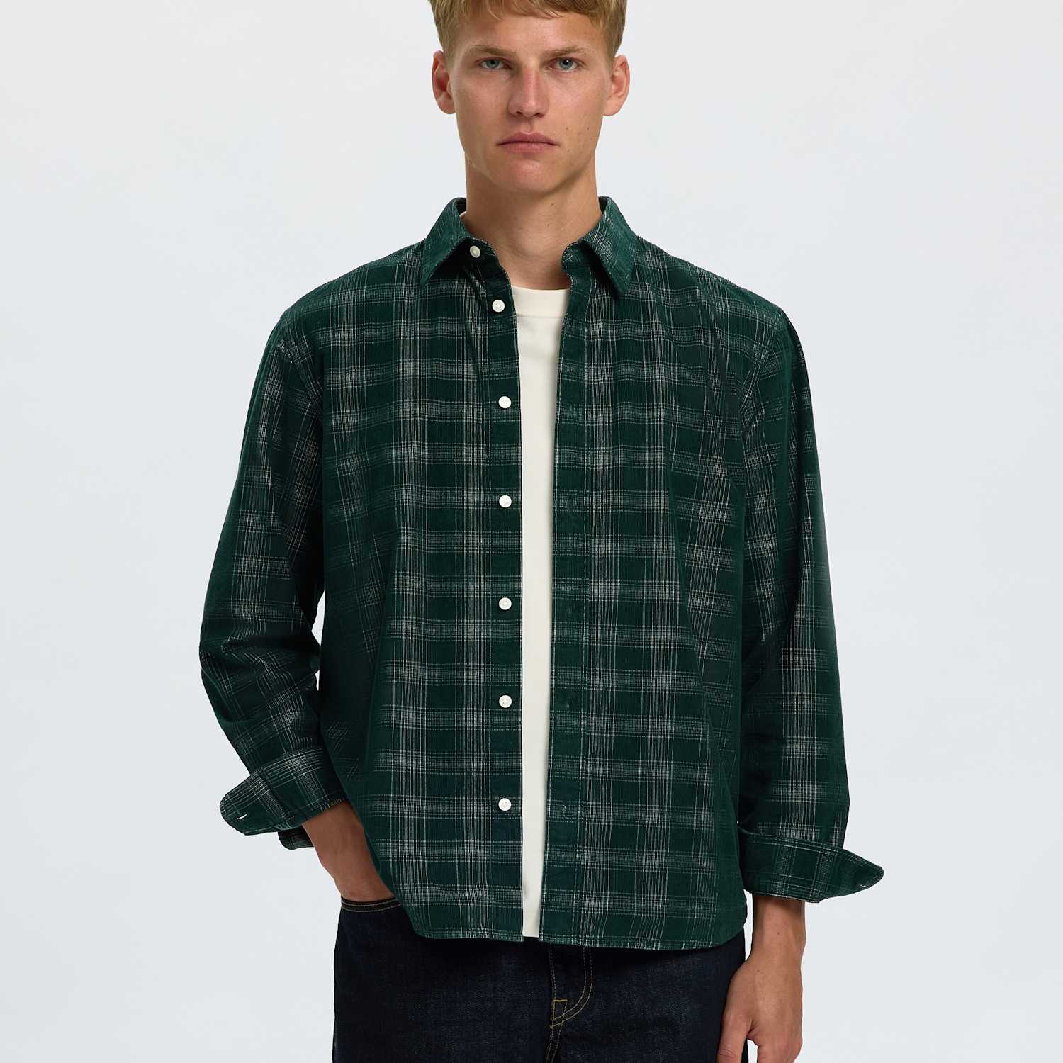 Selected Men's Regular Fit Corduroy Check Shirt - S - Dark Green - Available at M&S