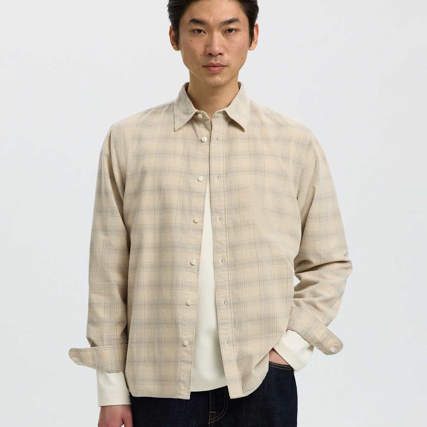 Selected Men's Regular Fit Corduroy Check Shirt - XL - Cream Mix - Available at M&S