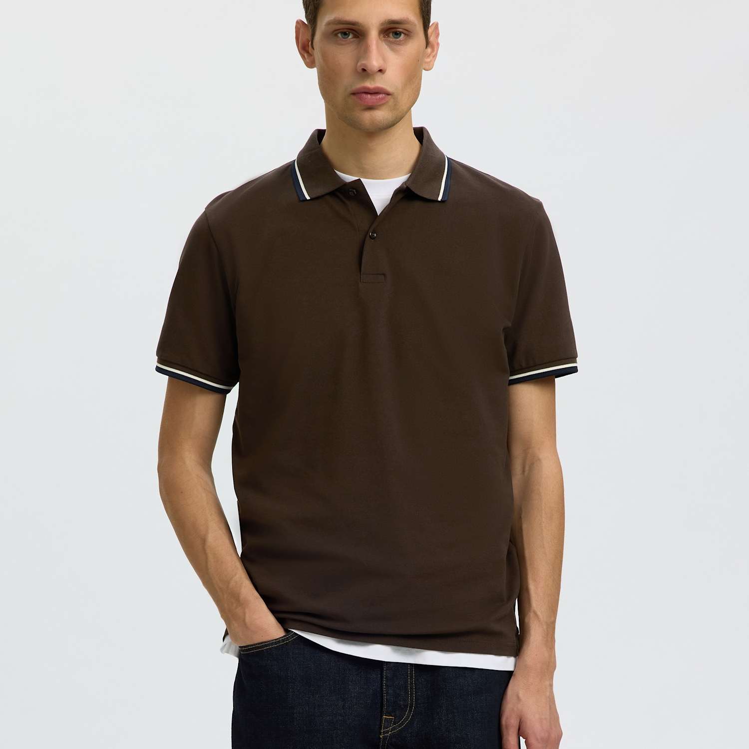 Selected Men's Cotton Rich Piqué Tipped Polo Shirt - M - Brown - Available at M&S