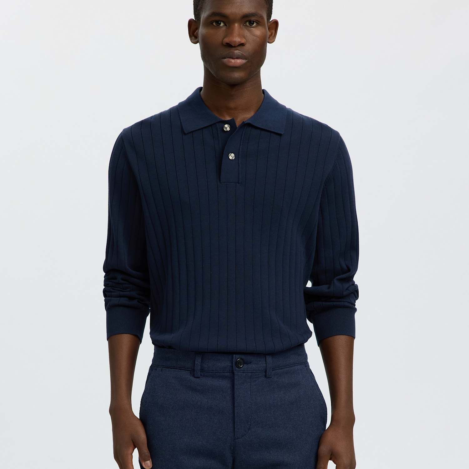 Selected Men's Pure Cotton Ribbed Knitted Polo Shirt - M - Navy - Available at M&S