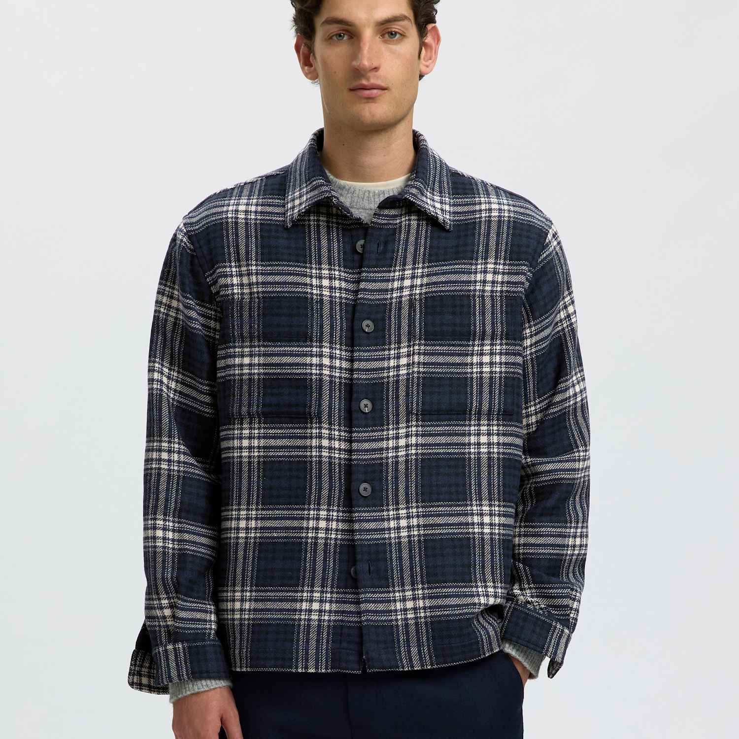 Selected Men's Wool Blend Checked Overshirt - S - Dark Navy Mix - Available at M&S