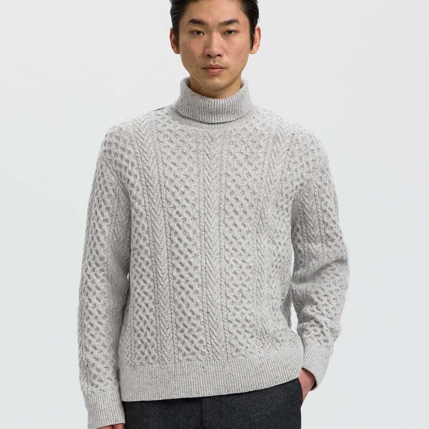 Selected Men's Wool Rich Cable Roll Neck Jumper - XL - Light Grey - Available at M&S