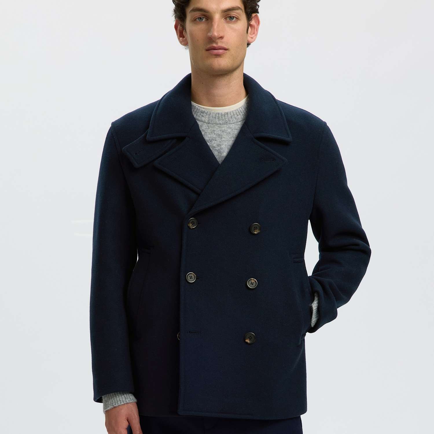 Selected Men's Wool Blend Double Breasted Pea Coat - XL - Dark Navy - Available at M&S