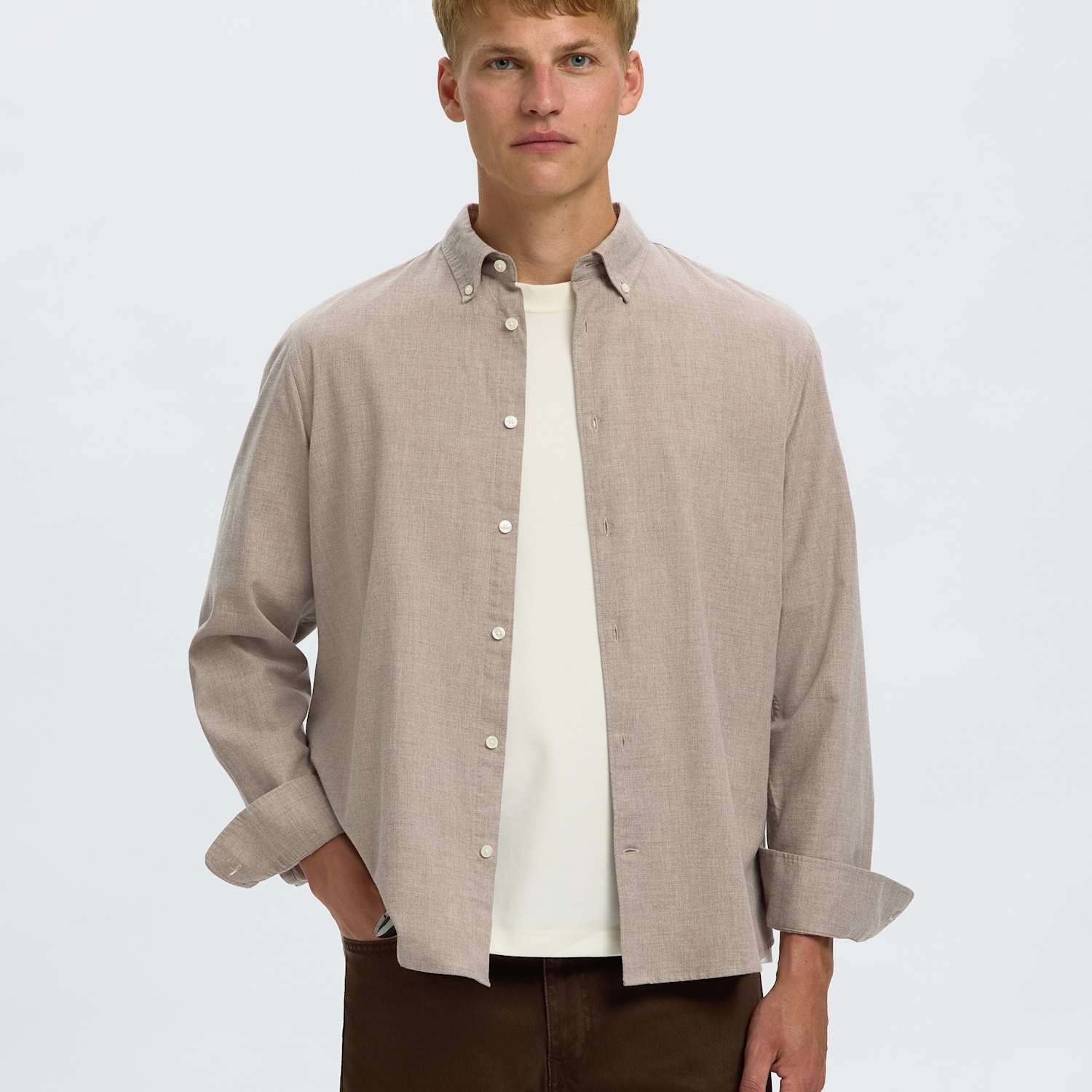 Selected Men's Regular Fit Brushed Cotton Flannel Shirt - M - Beige - Available at M&S