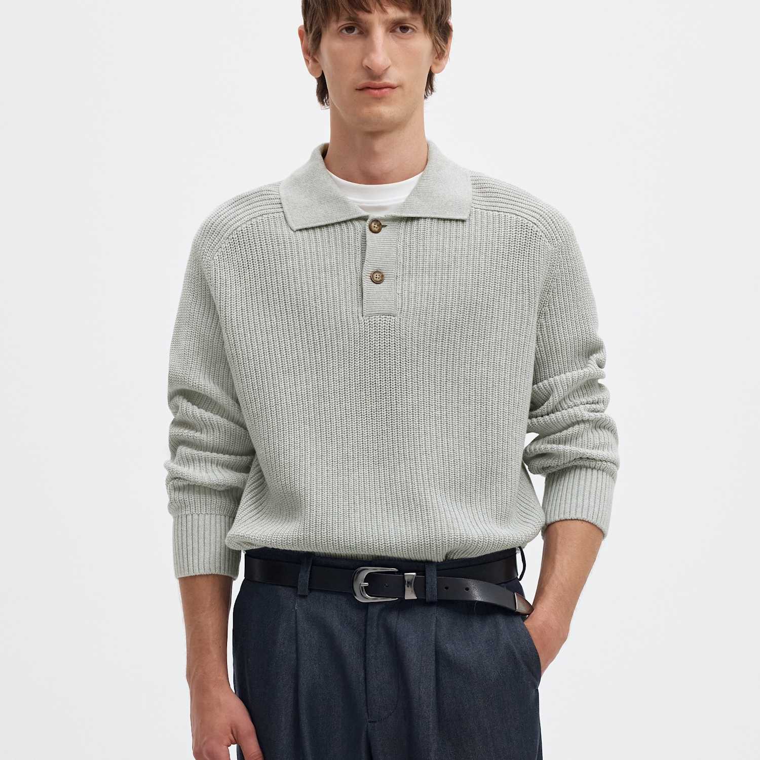 Selected Men's Pure Cotton Ribbed Collared Jumper - L - Grey - Available at M&S
