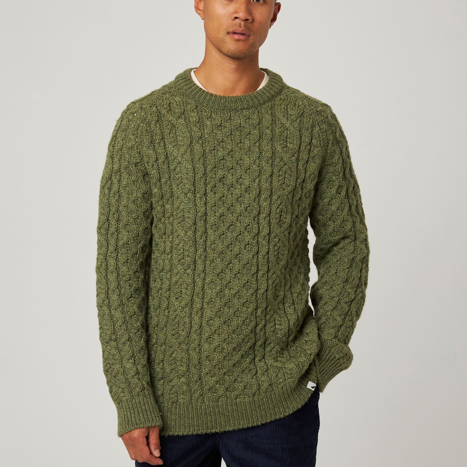 Peregrine Men's Pure Wool Cable Crew Neck Jumper - M - Green - Available at M&S