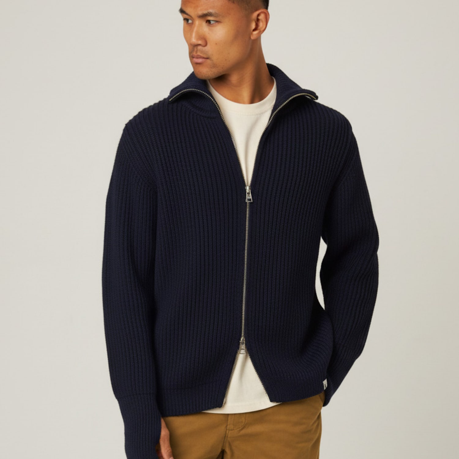 Peregrine Men's Pure Merino Wool Cable Funnel Neck Cardigan - L - Navy - Available at M&S