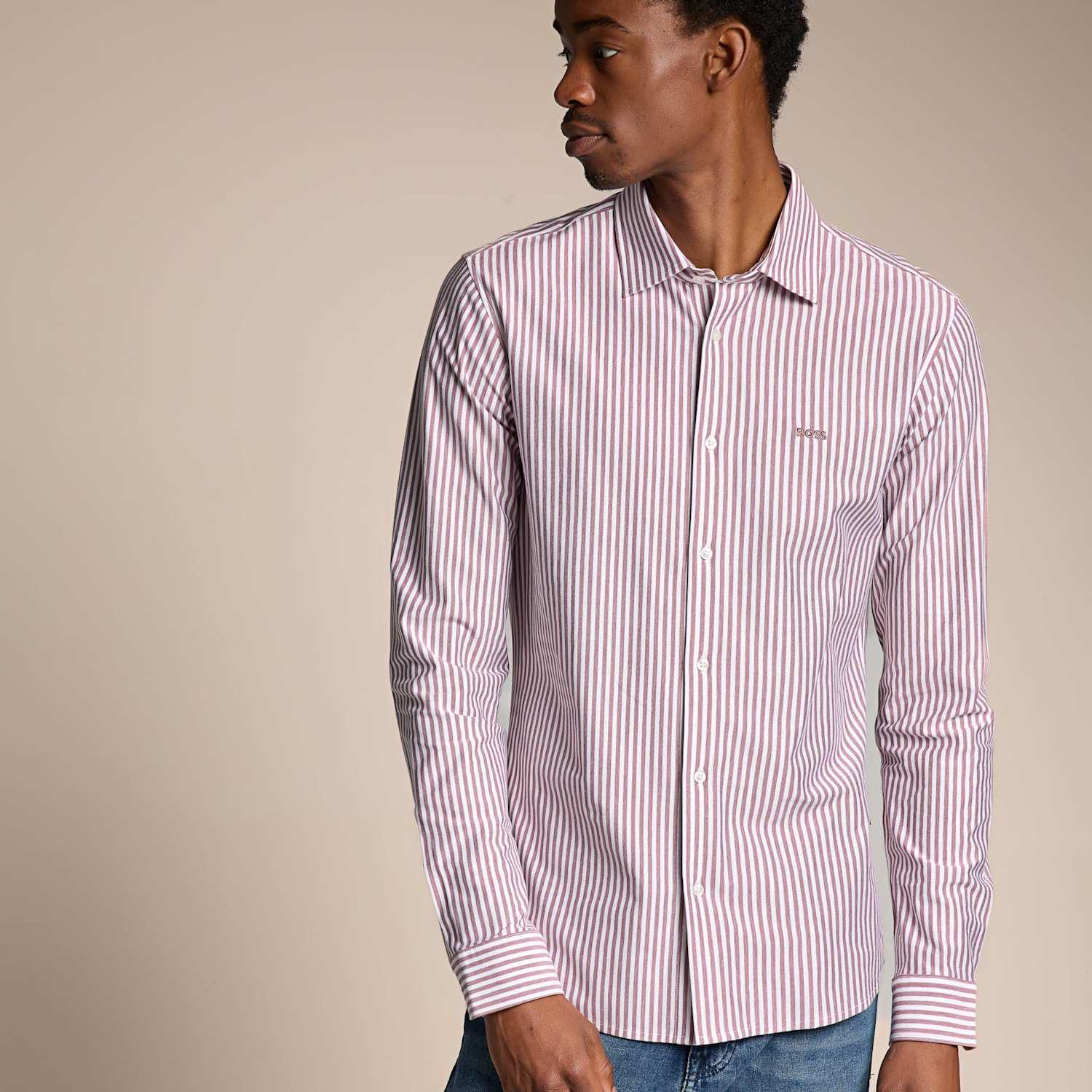 Boss Men's Slim Fit Pure Cotton Striped Shirt - 2XL - Red Mix - Available at M&S
