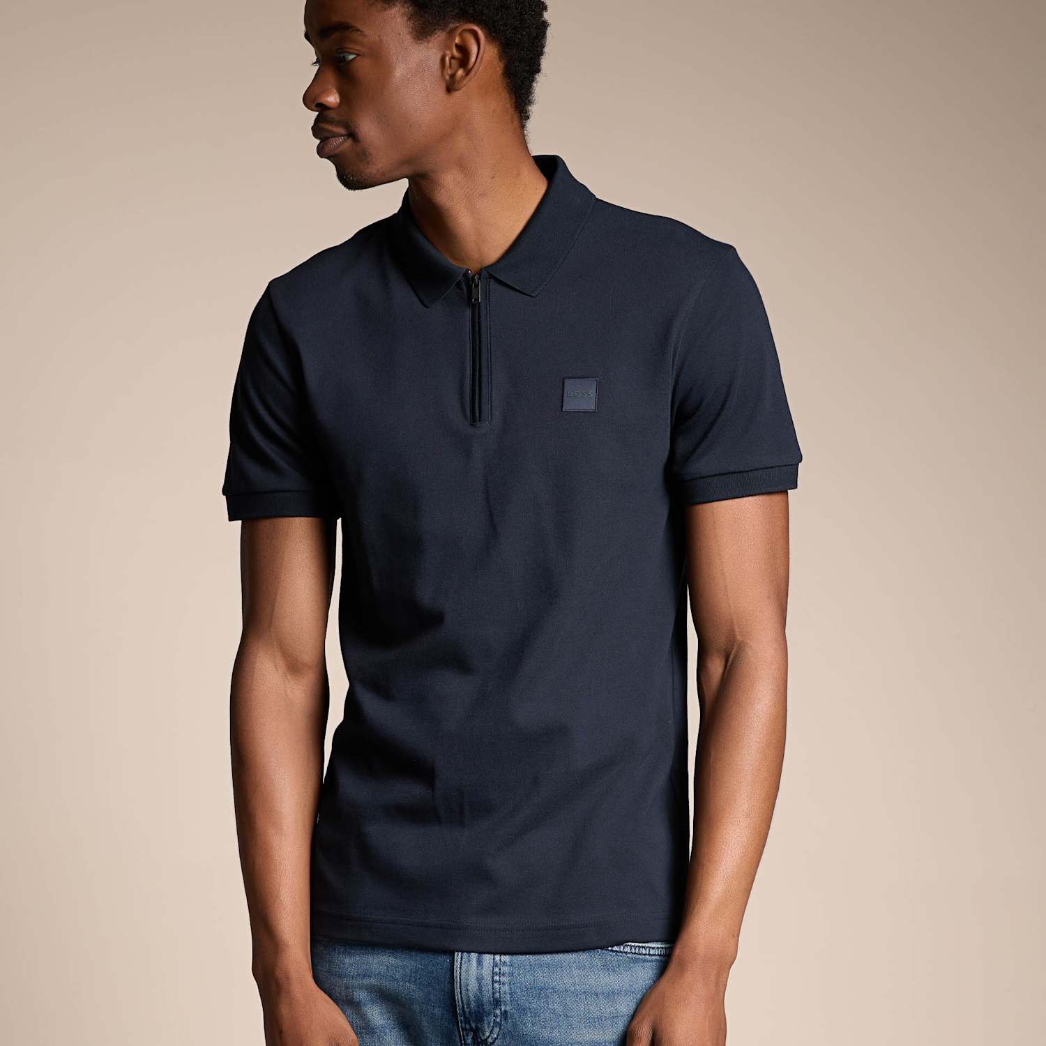 Boss Men's Slim Fit Cotton Rich Zip Polo Shirt - M - Navy - Available at M&S