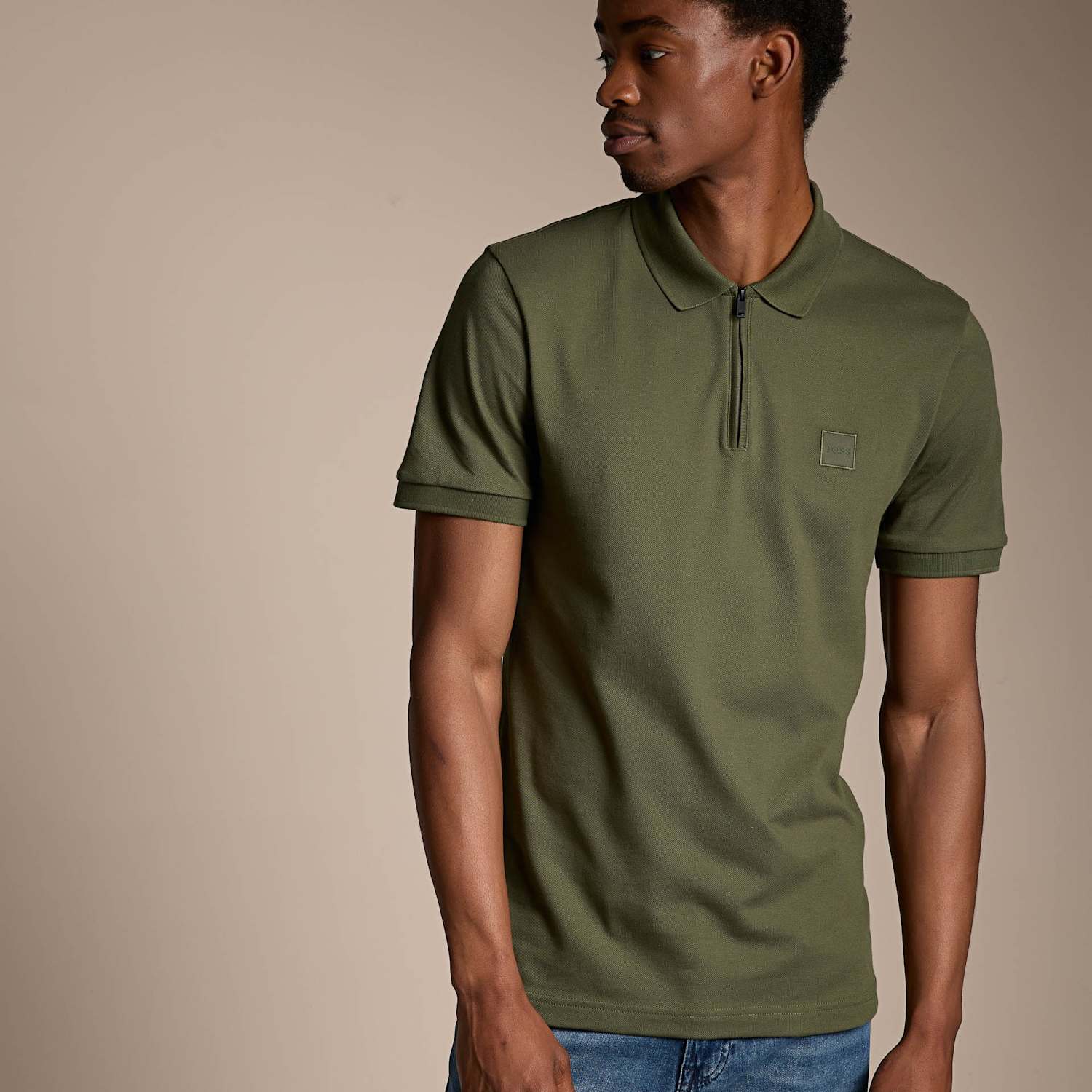 Boss Men's Slim Fit Cotton Rich Zip Polo Shirt - S - Khaki - Available at M&S