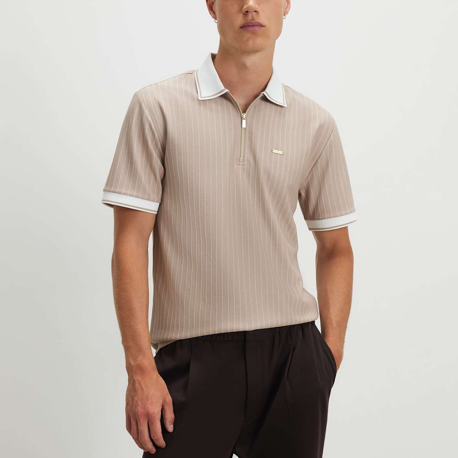 River Island Men's Striped Half Zip Polo Shirt - L - Stone - Available at M&S