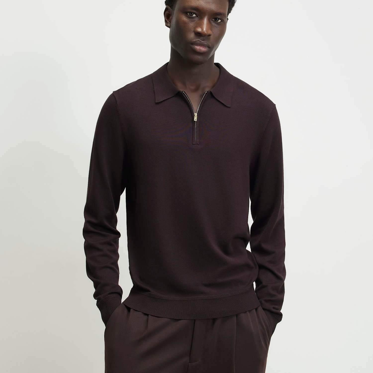 River Island Men's Slim Fit Half Zip Long Sleeve Polo Shirt - L - Burgundy - Available at M&S