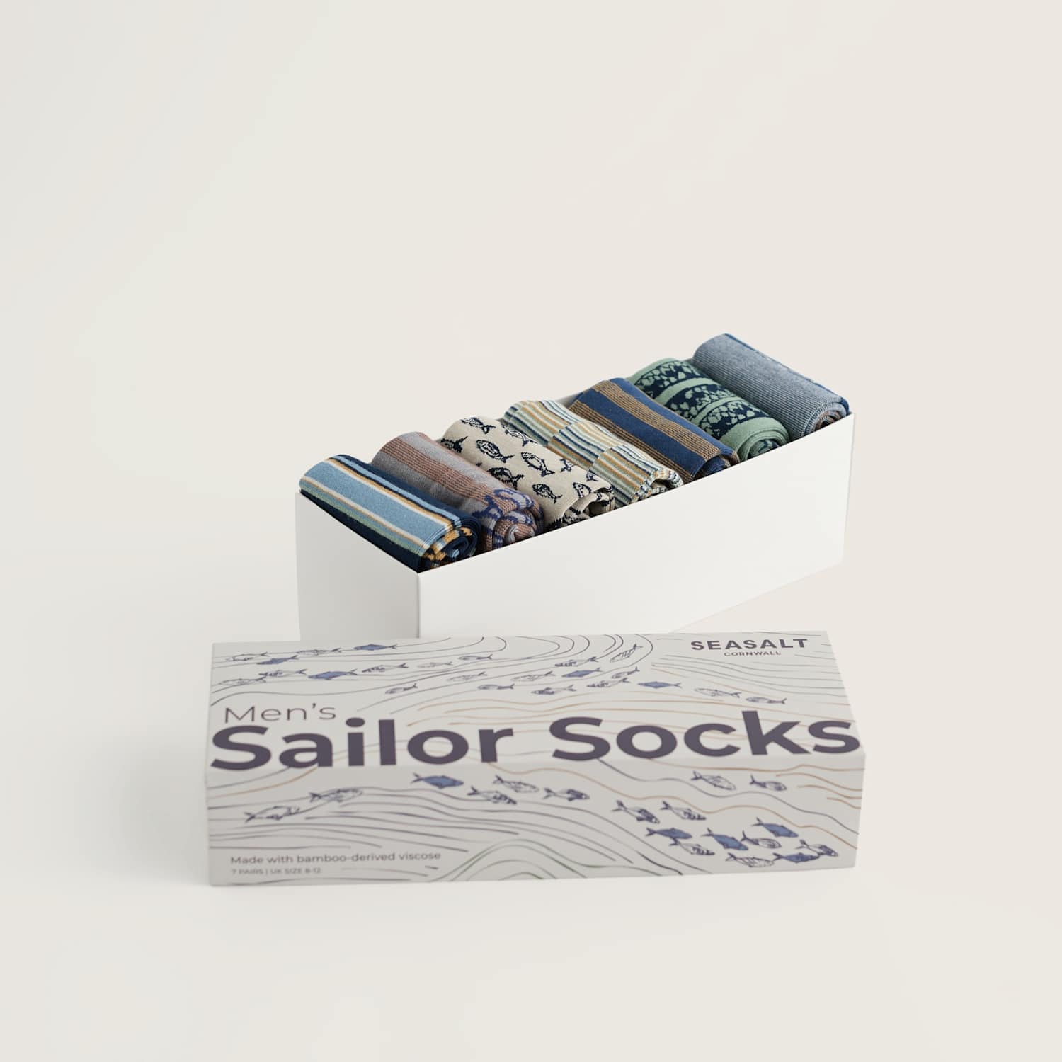 Seasalt Cornwall Men's 7 Pack Striped & Fish Socks Gift Box - Blue Mix - Available at M&S