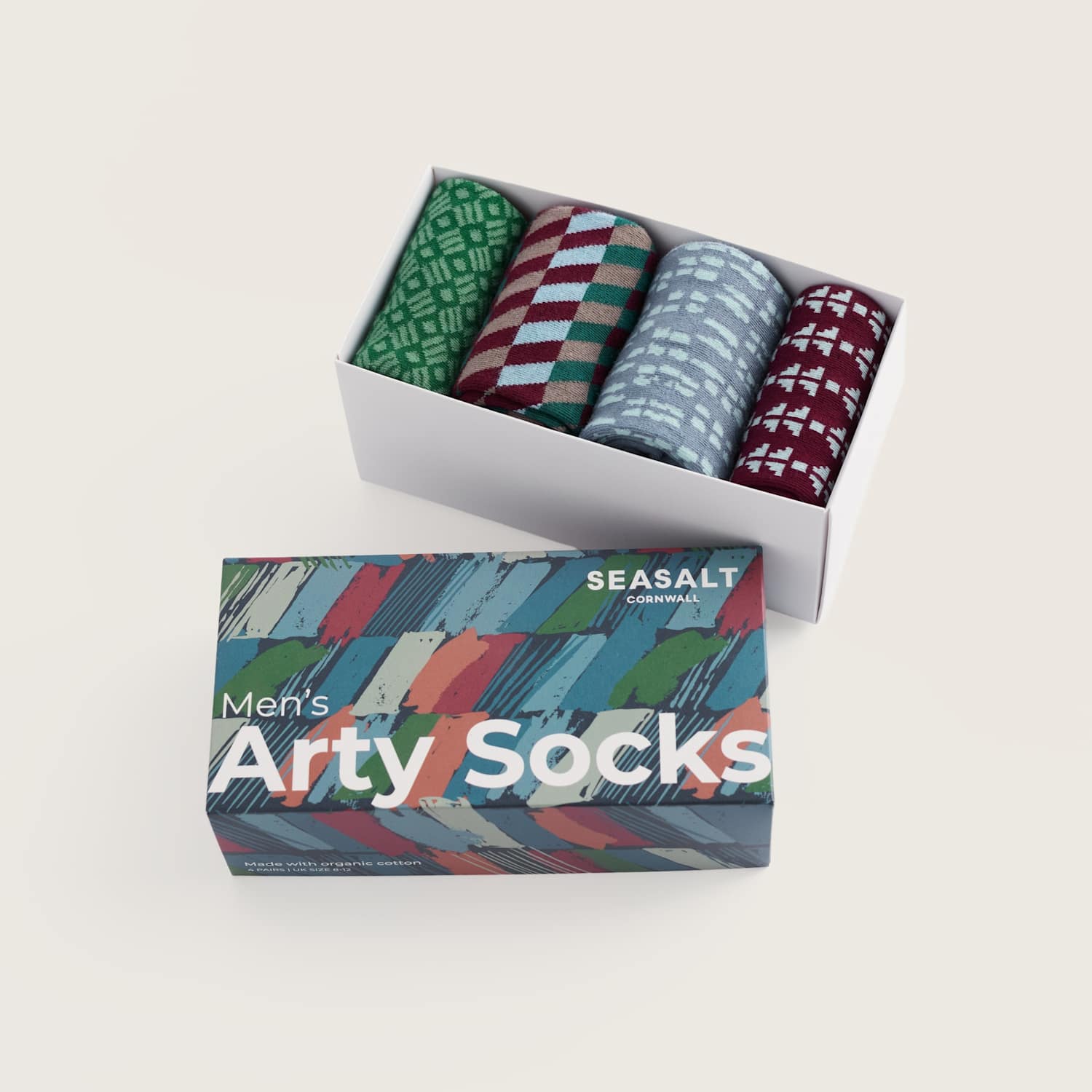 Seasalt Cornwall Men's 4 Pack Geometric Cotton Rich Socks Gift Box - Green Mix - Available at M&S