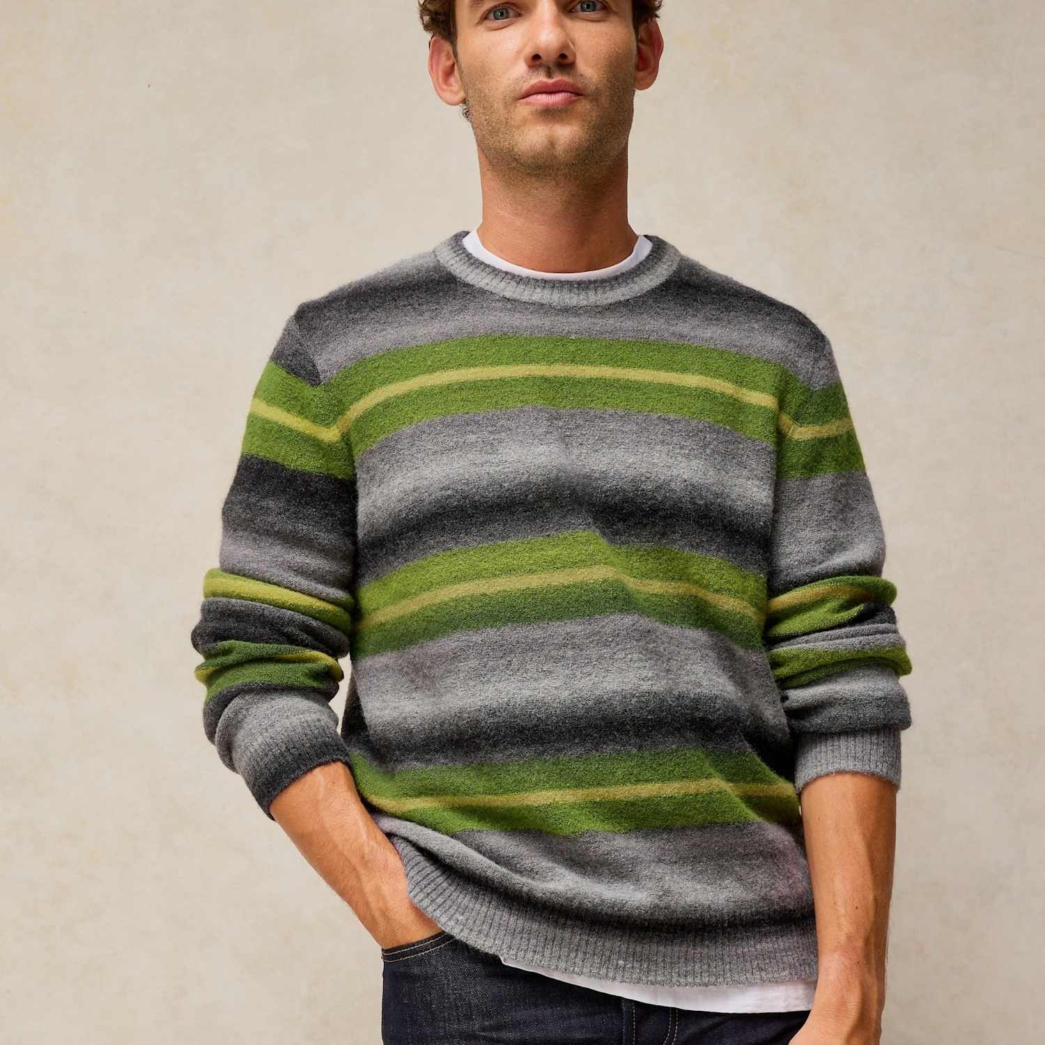 White Stuff Men's Ombre Striped Crew Neck Jumper with Wool - M - Grey Mix - Available at M&S