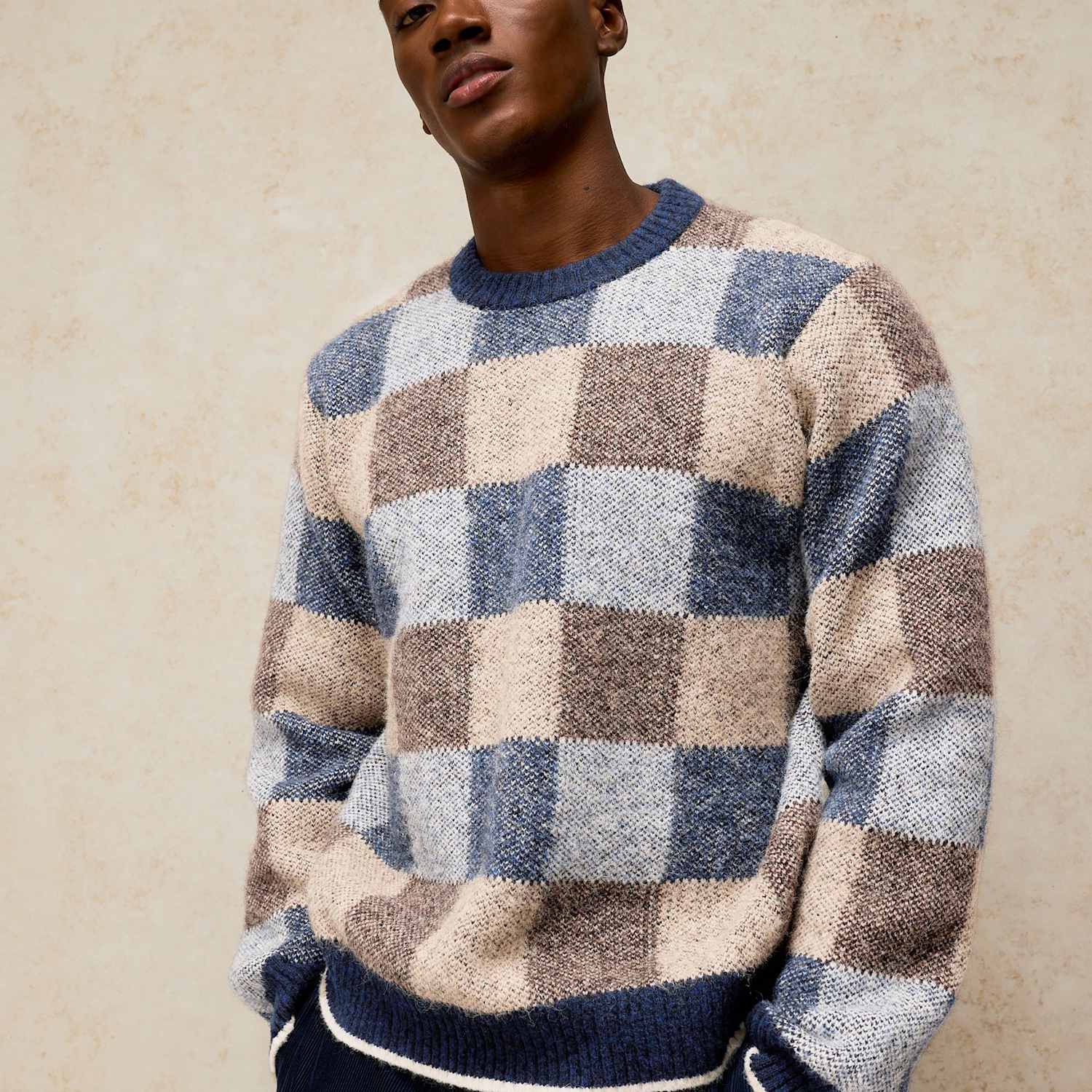 White Stuff Men's Barnes Checked Crew Neck Jumper - M - Natural Mix - Available at M&S