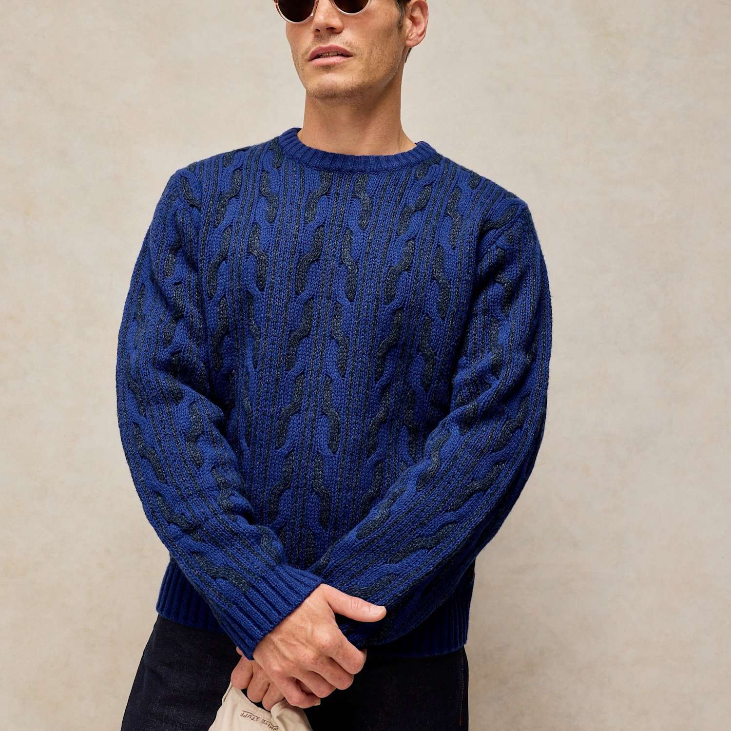 White Stuff Men's Wool Rich Cable Crew Neck Jumper - L - Blue Mix - Available at M&S