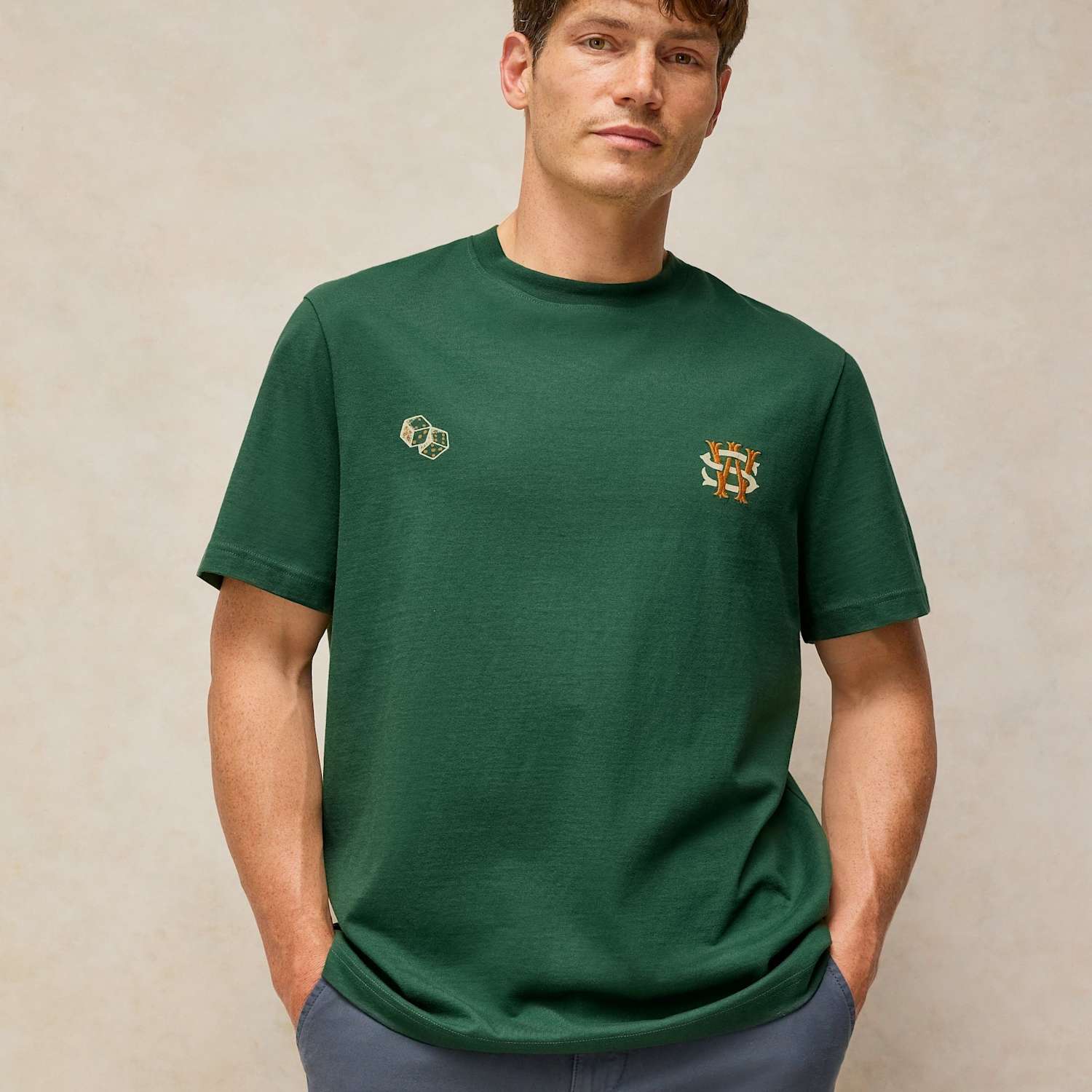 White Stuff Men's Pure Cotton Embroidered Crew Neck T-Shirt - L - Green Mix - Available at M&S