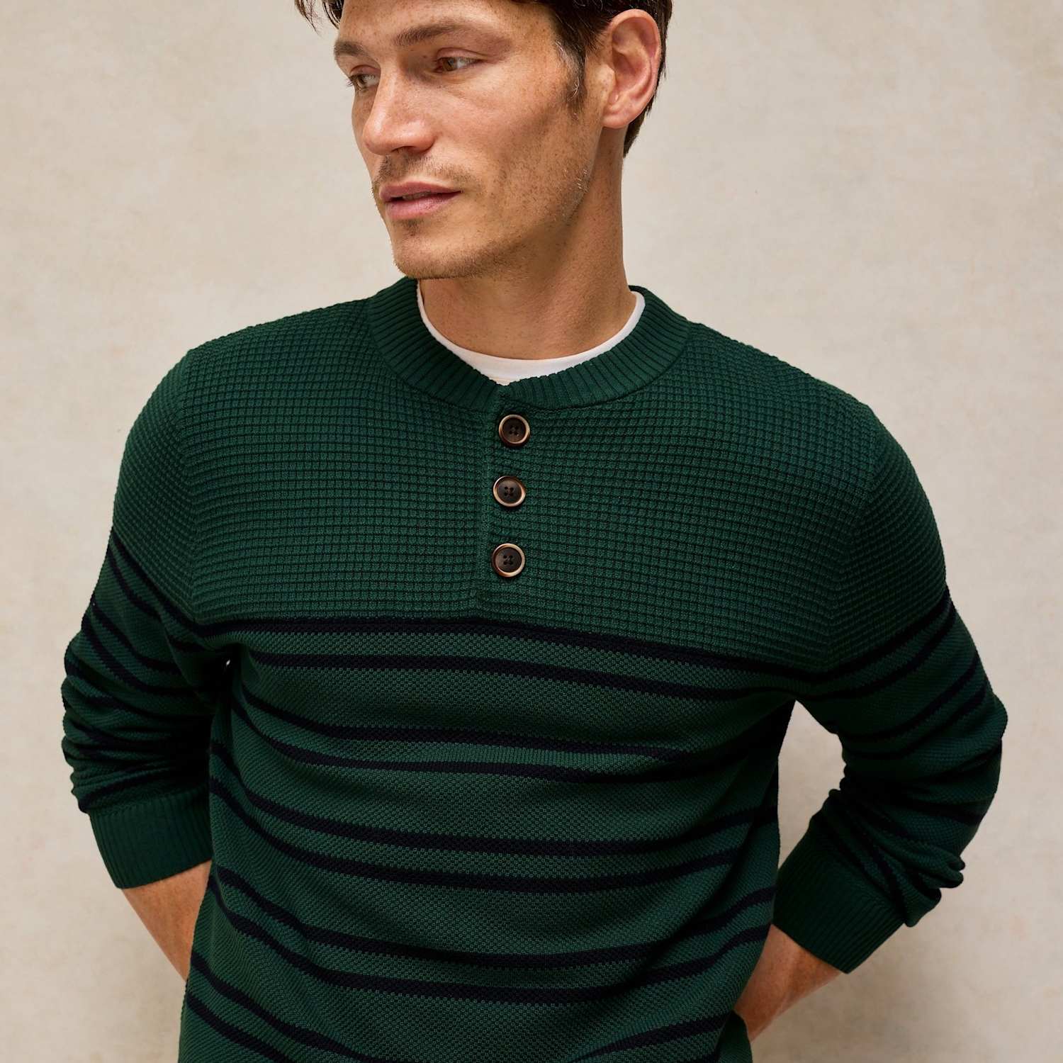 White Stuff Men's Striped Henley Jumper - L - Green Mix - Available at M&S