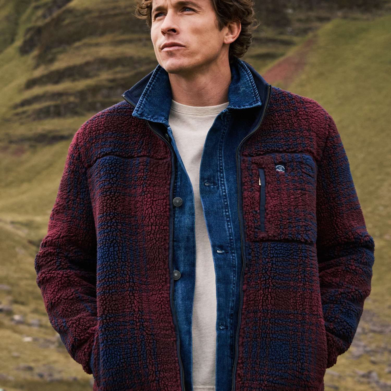 Fatface Men's Checked Collared Zip Up Fleece - L - Navy Mix - Available at M&S