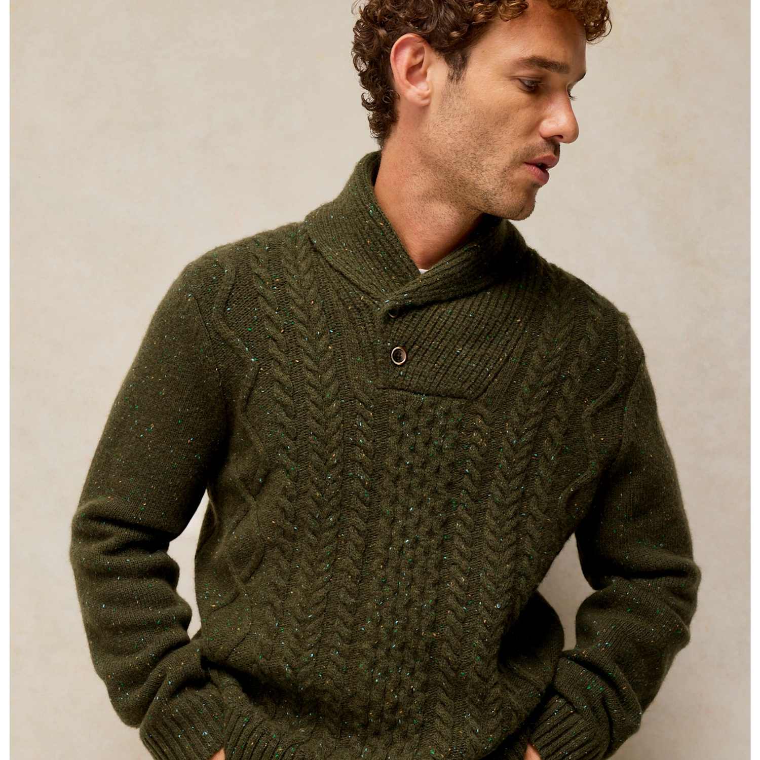 White Stuff Men's Berkley Wool Rich Shawl Neck Jumper - XL - Green Mix - Available at M&S
