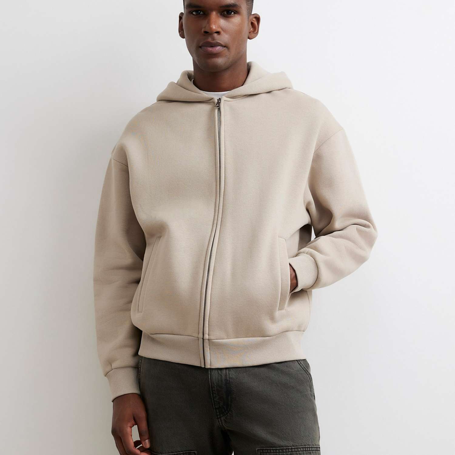 River Island Men's Cotton Rich Zip Up Hoodie - S - Stone - Available at M&S