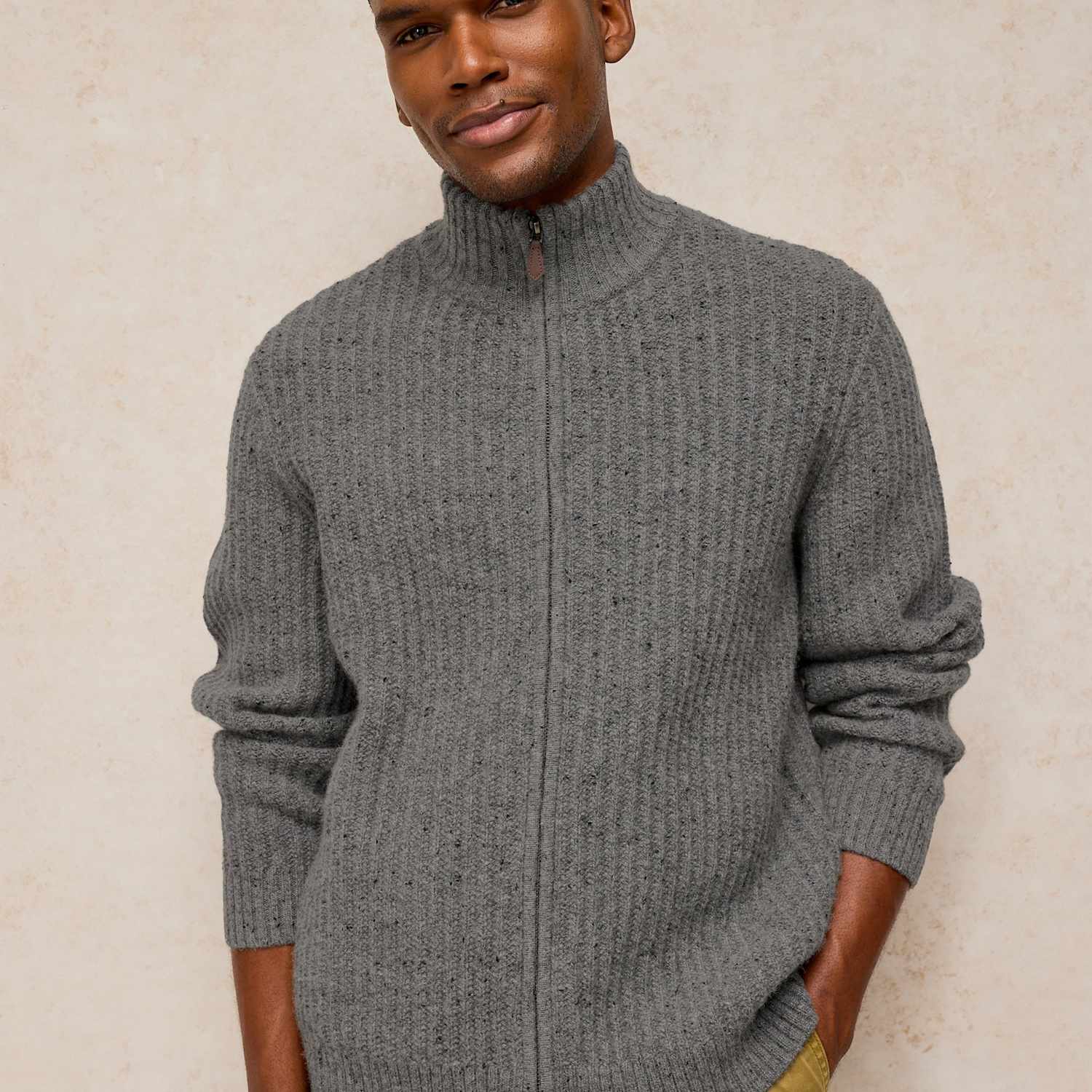 White Stuff Men's Selby Wool Rich V Neck Zip Up Cardigan - L - Grey Mix - Available at M&S