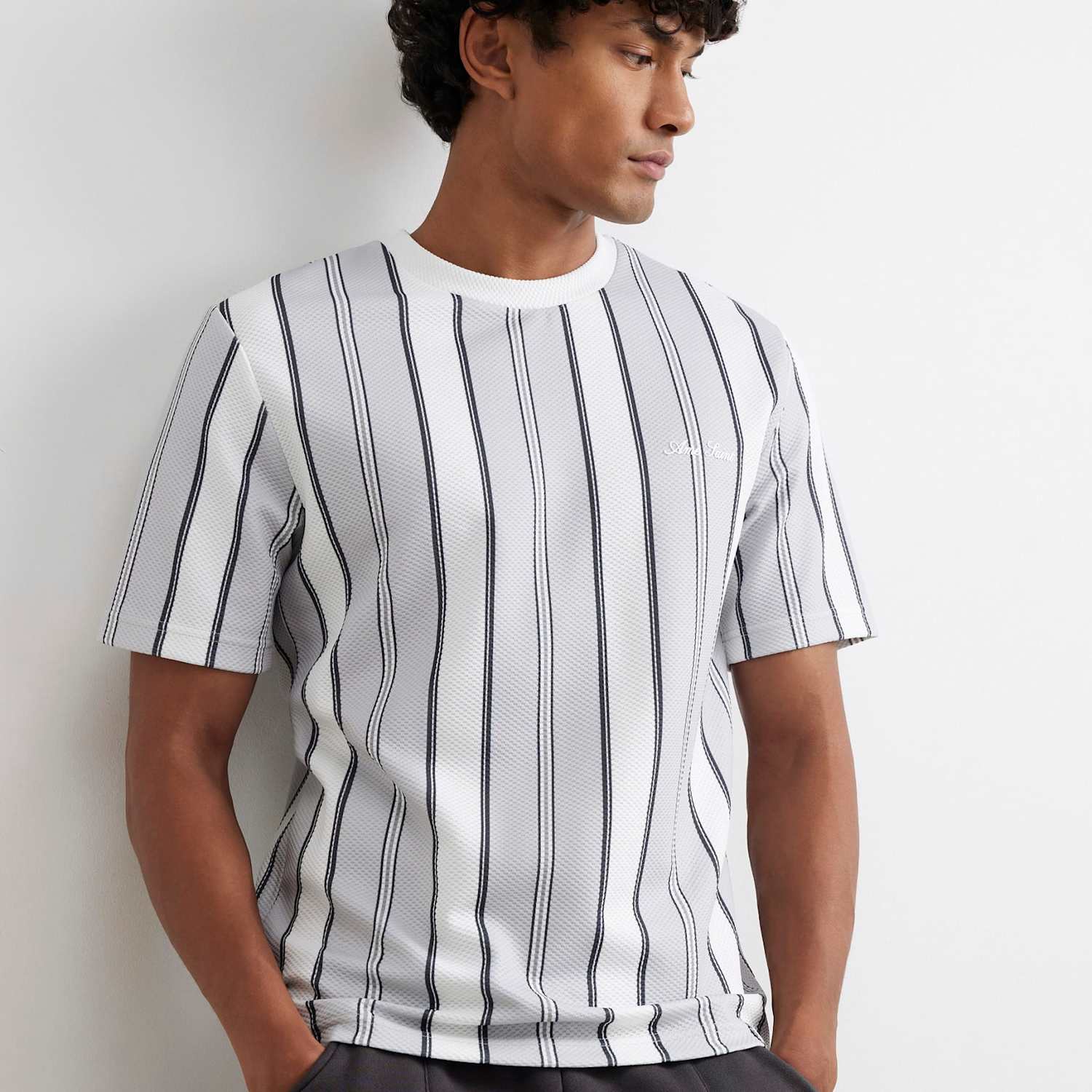 River Island Men's Striped Short Sleeve T-Shirt - M - Grey Mix - Available at M&S