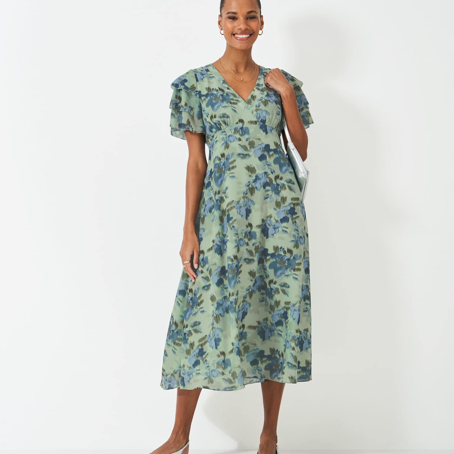 Crew Clothing Women's Floral Flutter Sleeve Midi Tea Dress - 10 - Medium Green - Available at M&S
