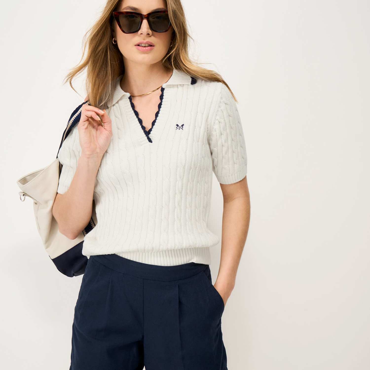 Crew Clothing Women's Pure Cotton Cable Collared Knitted Top - 16 - White - Available at M&S