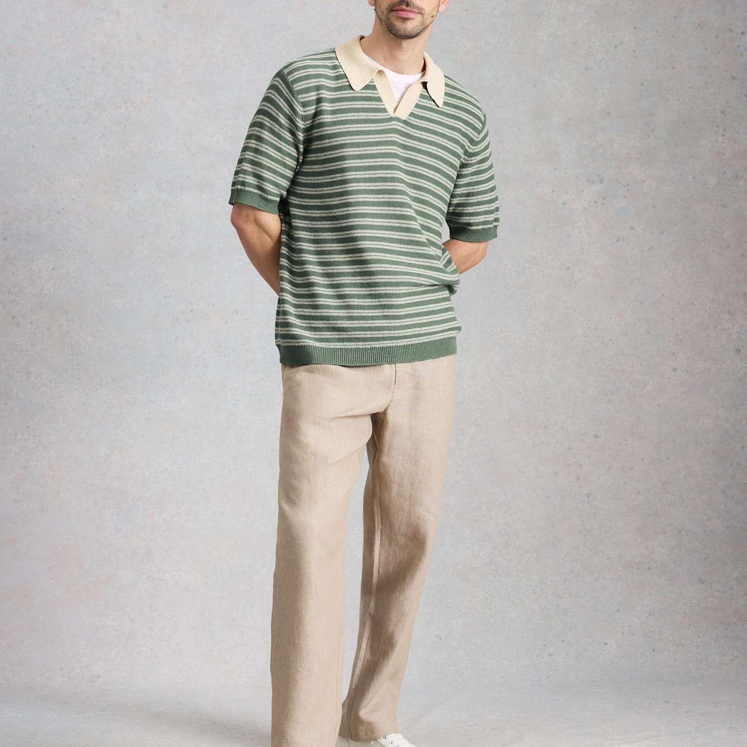 White Stuff Men's Cotton Linen Blend Striped Knitted Polo Shirt - L - Green Mix - Available at M&S