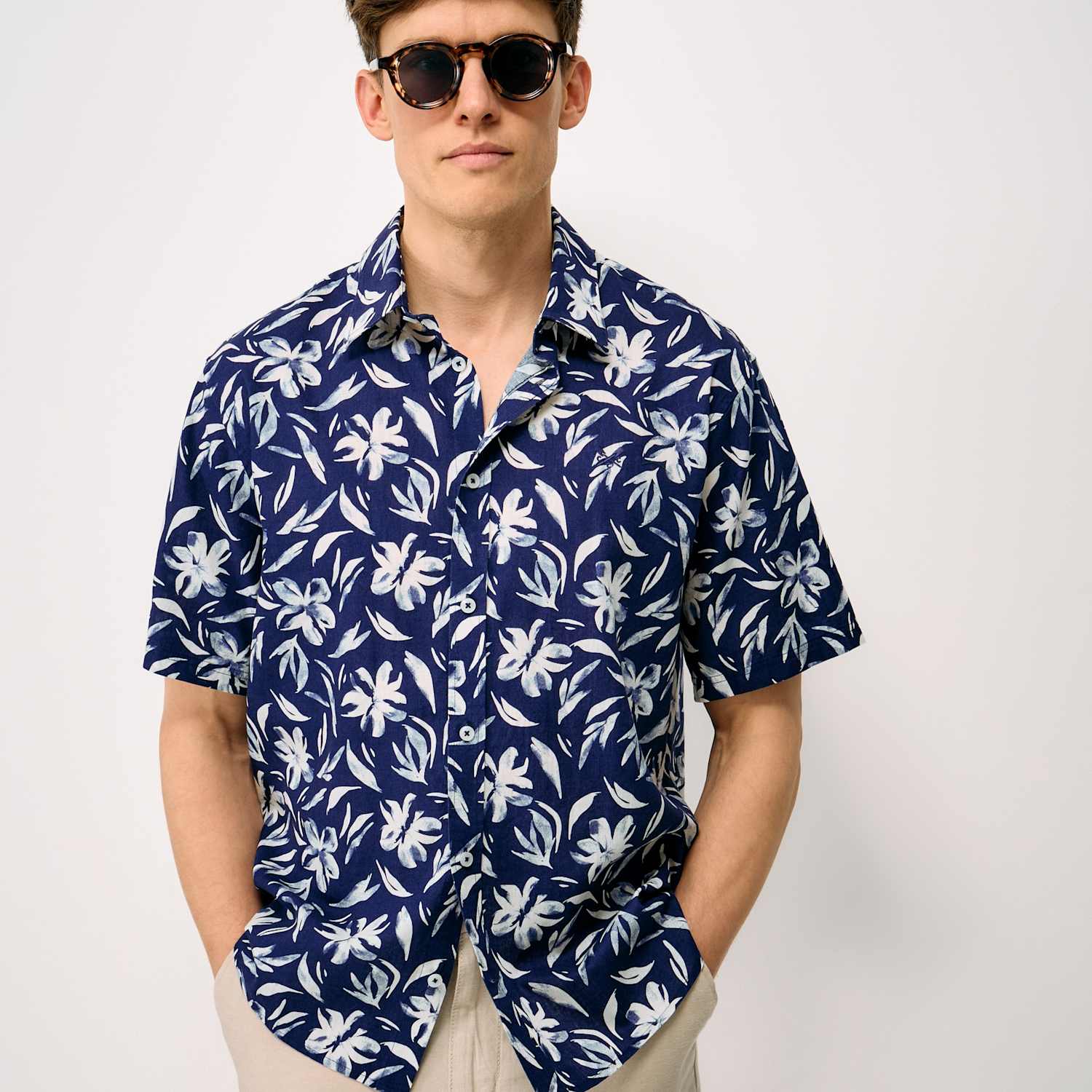 Crew Clothing Men's Linen Cotton Blend Floral Short Sleeve Shirt - M - Navy - Available at M&S
